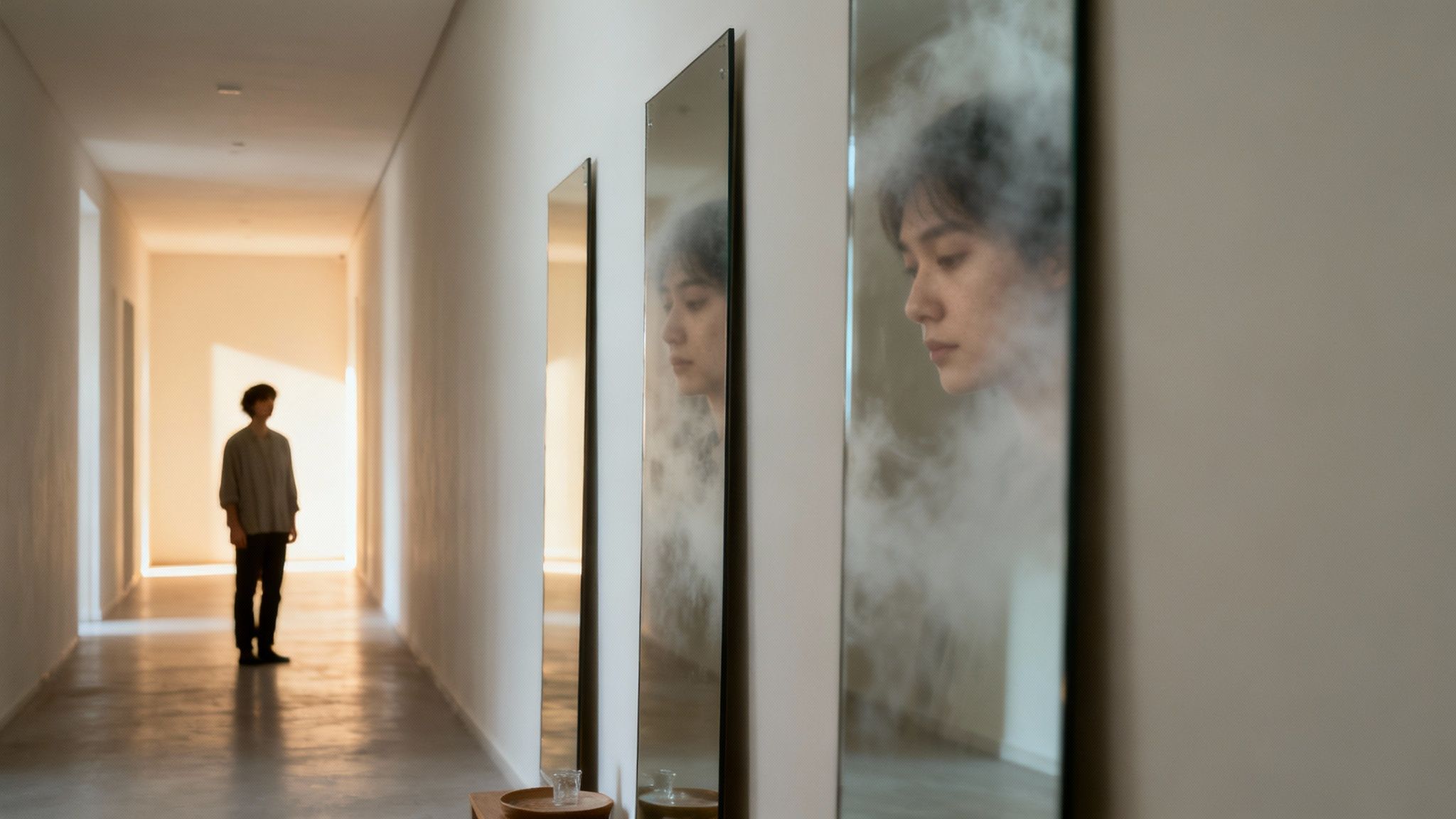 A person looking at their fragmented reflection in a broken mirror, symbolising a distorted sense of self.