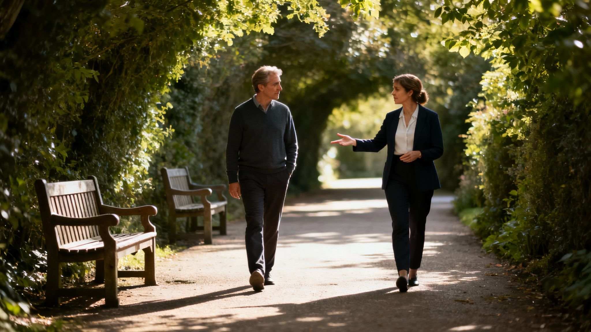A man and a woman in business casual attire walk and talk on a sunlit garden path.