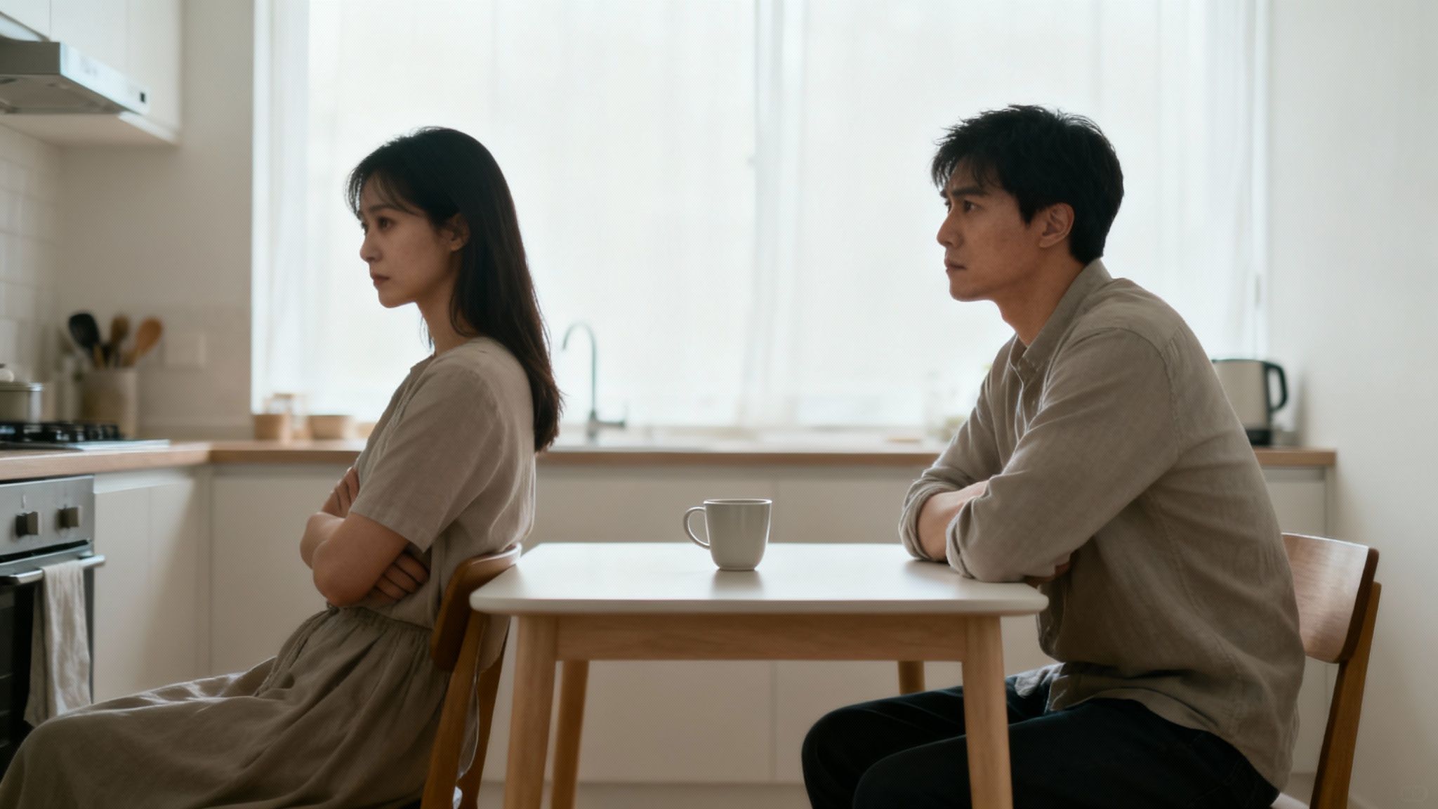 Two people sitting back-to-back on a sofa, looking frustrated and not communicating.