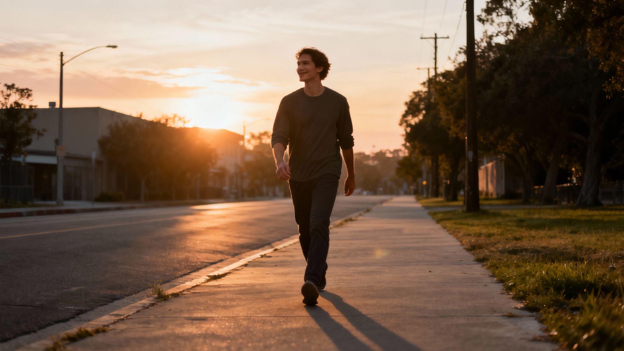 Young man walking confidently on suburban sidewalk during golden hour sunset reflecting positive mindset