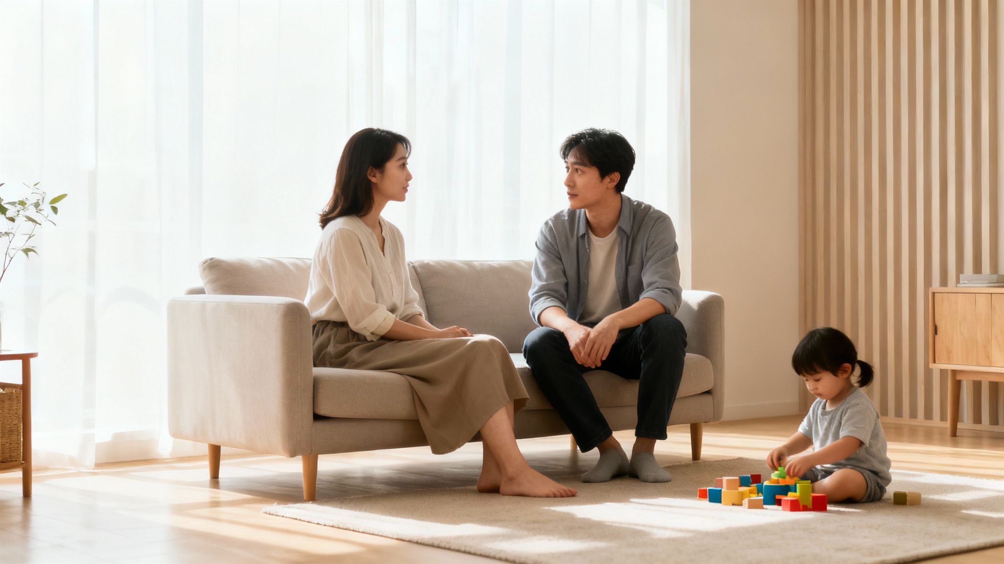 A family scene with parents looking tense while a child looks on sadly in the background.