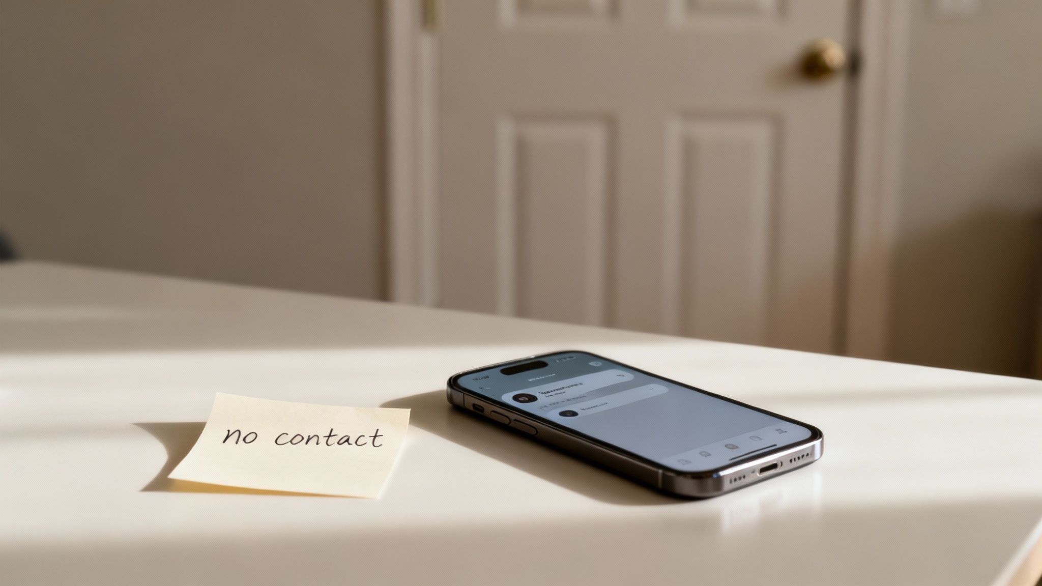 Smartphone on white table next to sticky note saying no contact representing letting go