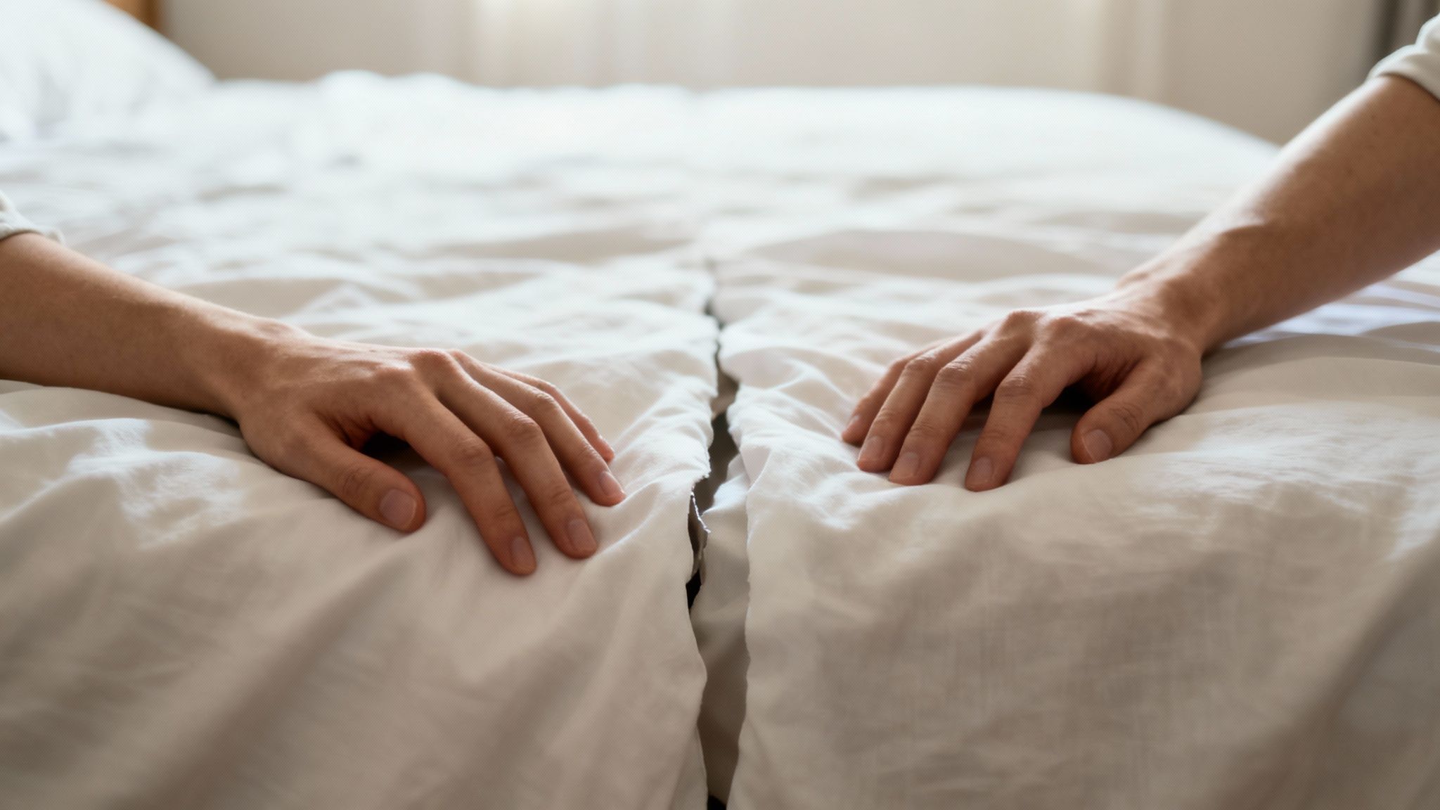 Two hands rest on opposite sides of a white bed, showing separation or emotional distance.