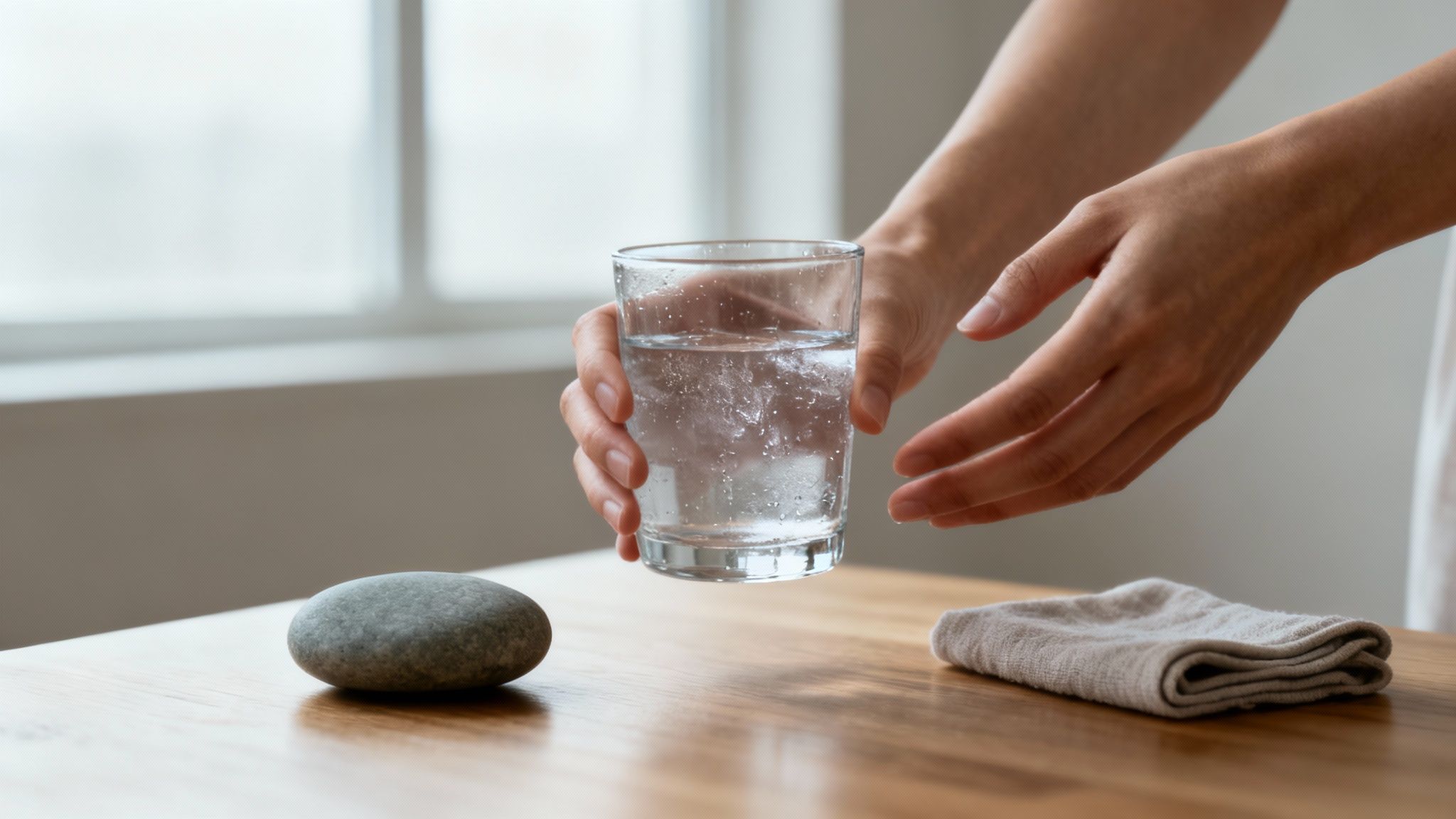 A person's hands gently placing a clear glass of water with ice on a wooden table.