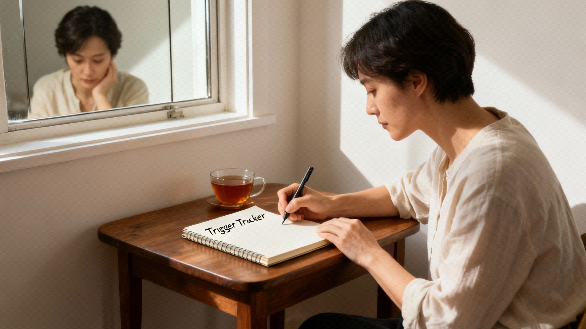A close-up shot of a person&#39;s head with tangled, glowing lines representing chaotic thoughts and emotional triggers.
