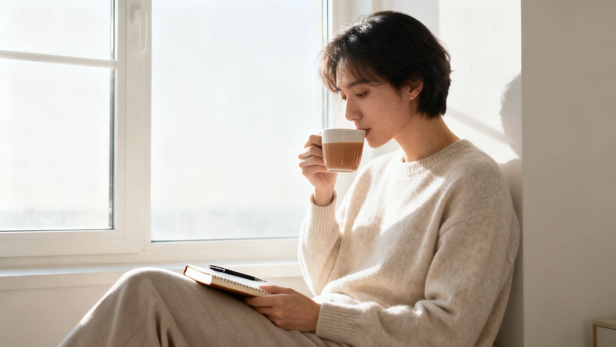 A young person sips coffee and writes in a journal by a bright, sunlit window.