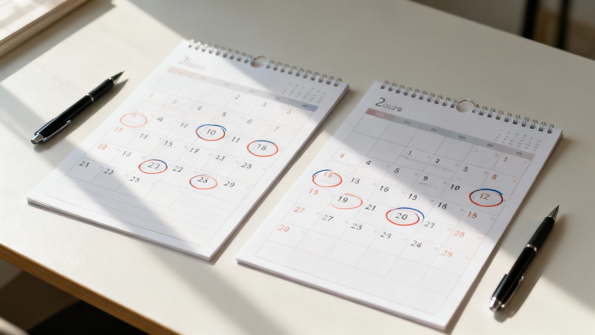 Two open desk calendars show important dates circled in red and blue, with pens nearby.