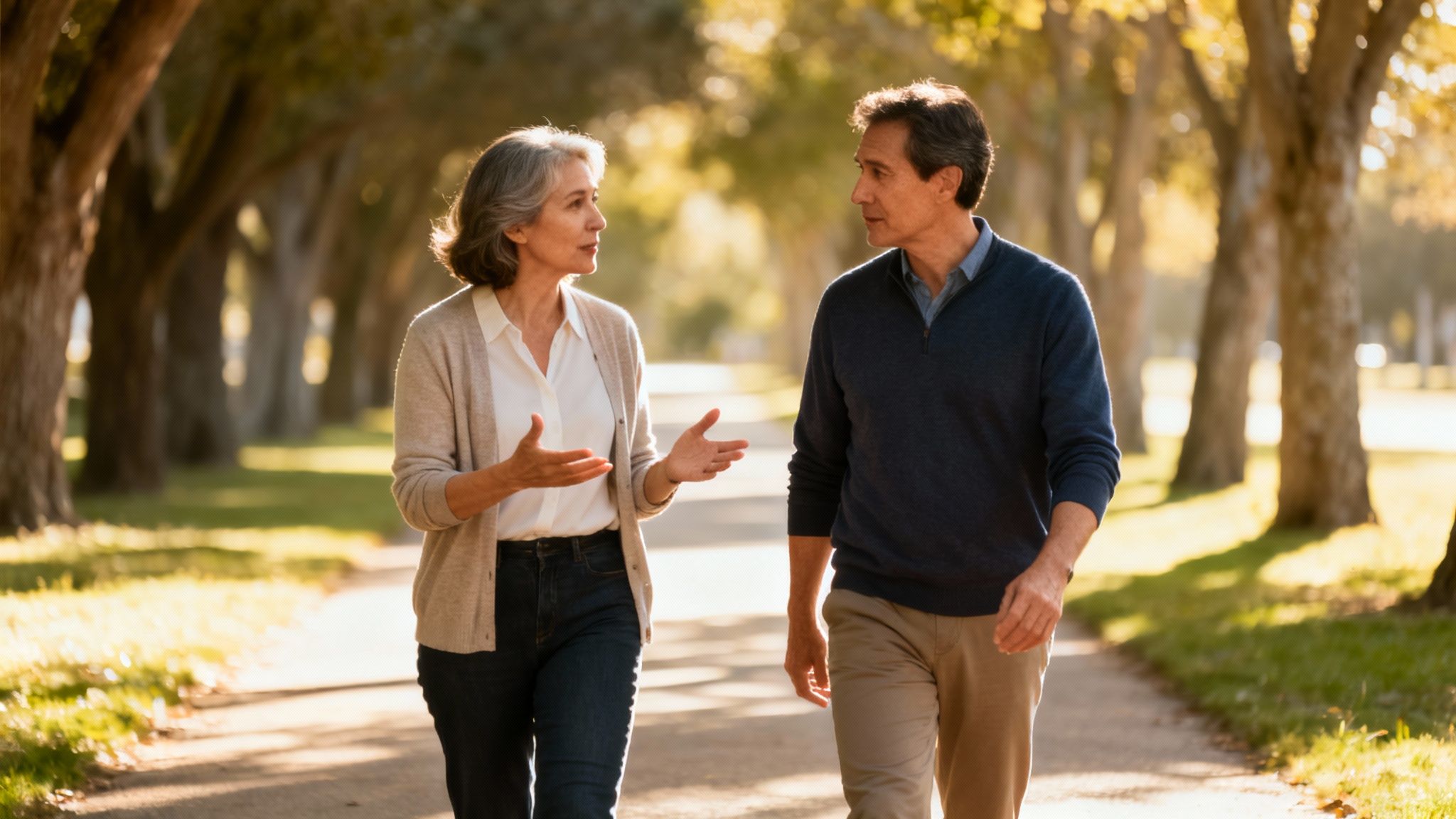 A mature couple walking and talking on a sunny tree-lined path in a park.