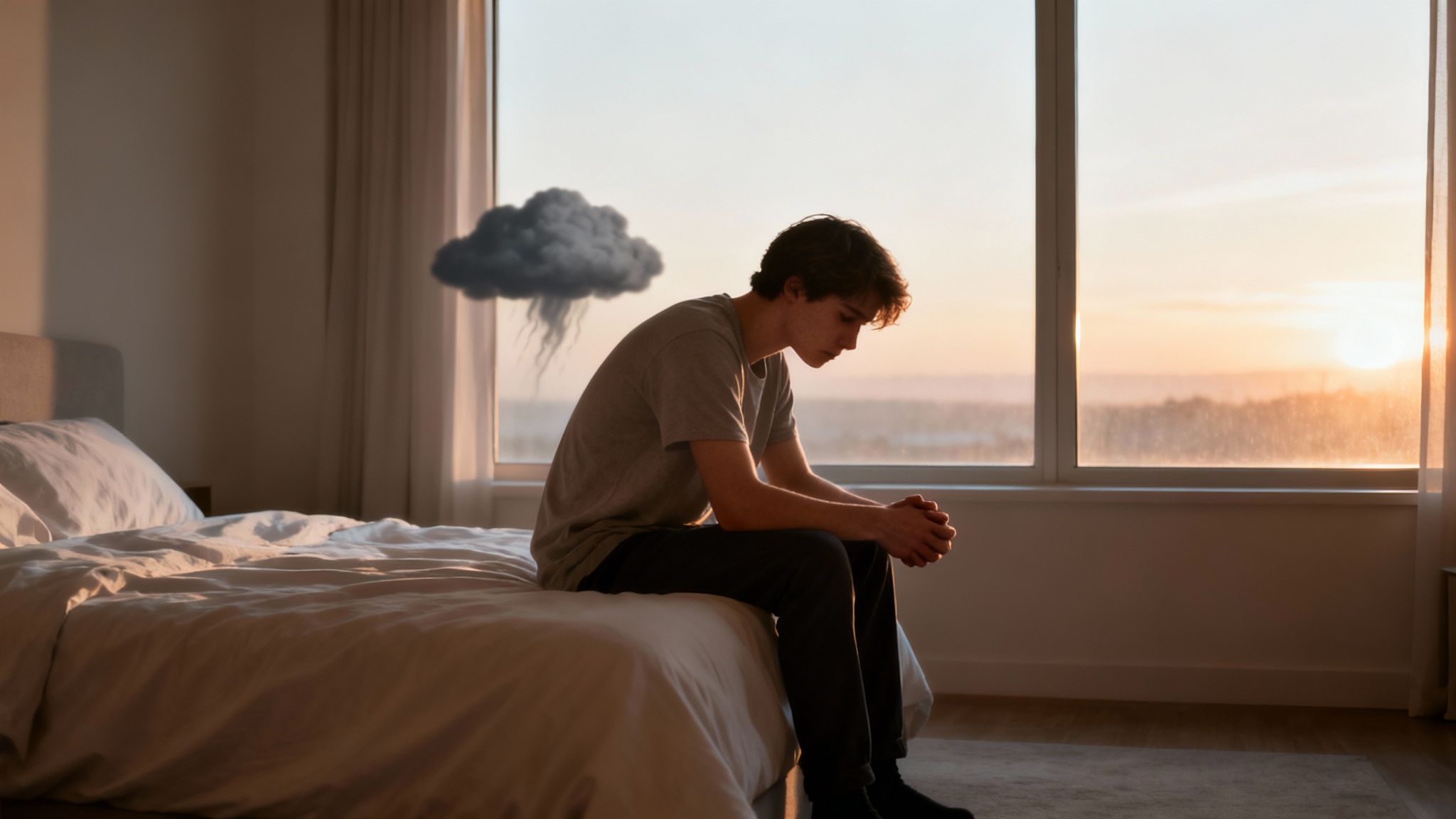 A sad young man sits on his bed with a dark cloud over his head, symbolizing depression.