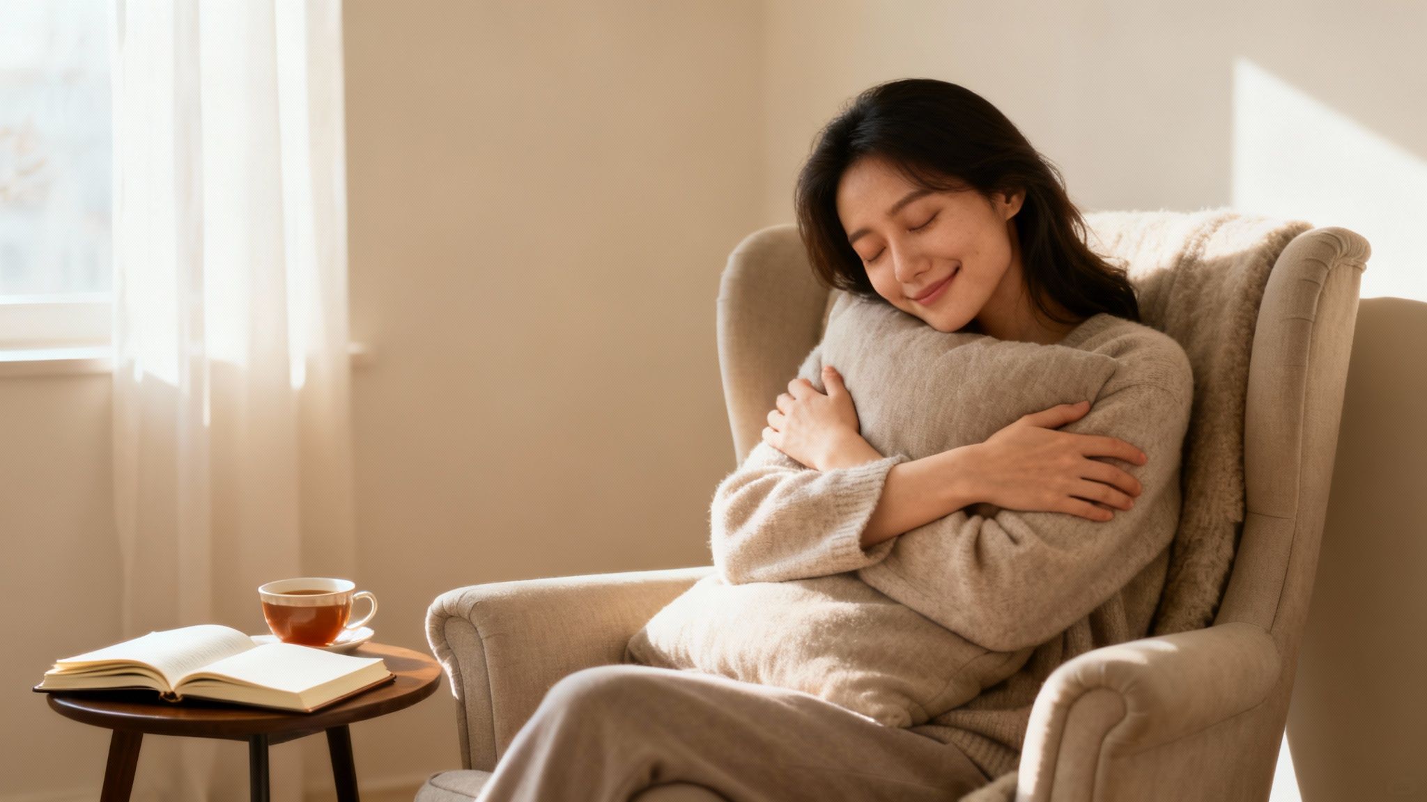 Smiling woman embraces a pillow in an armchair, enjoying a peaceful moment at home.