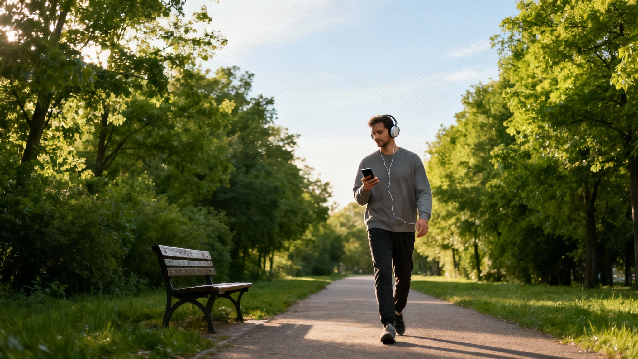 A young man walks along a sunny park path, listening to music on headphones while looking at his phone.