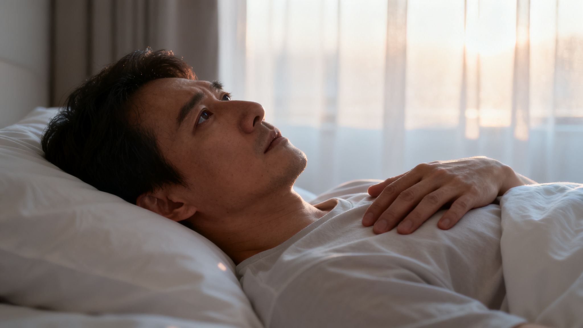 Man lying in bed, looking up with a worried expression, feeling anxious in the morning.