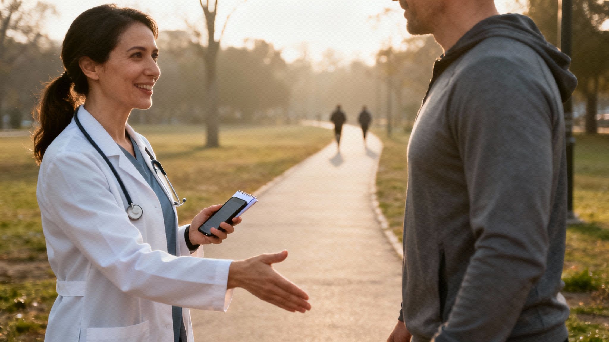 Smiling female doctor extends hand to male patient during outdoor therapy session.