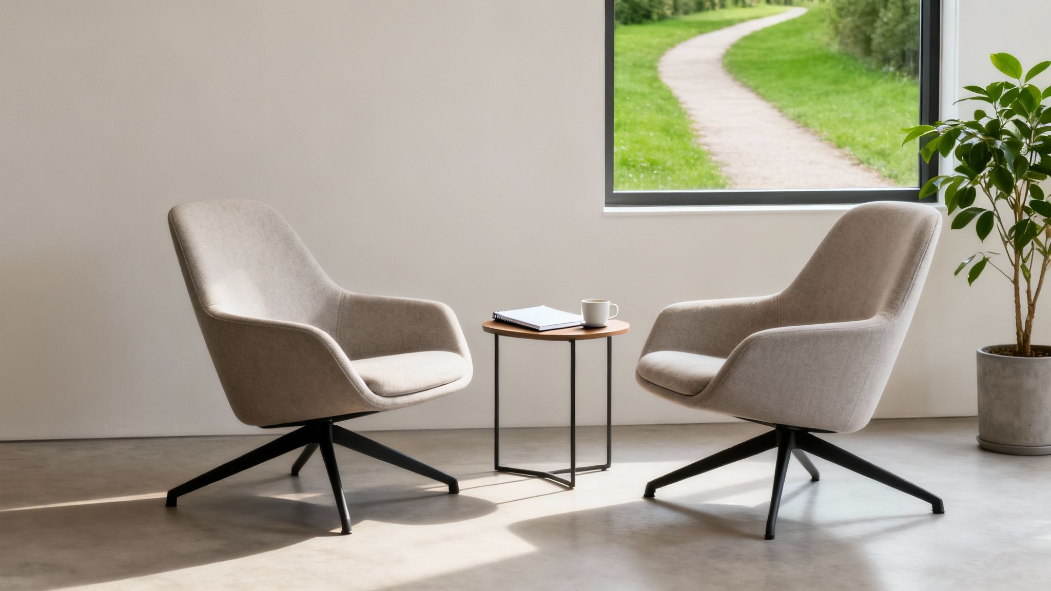 Two modern armchairs with a side table, notebook, and mug in a calm, light-filled room.