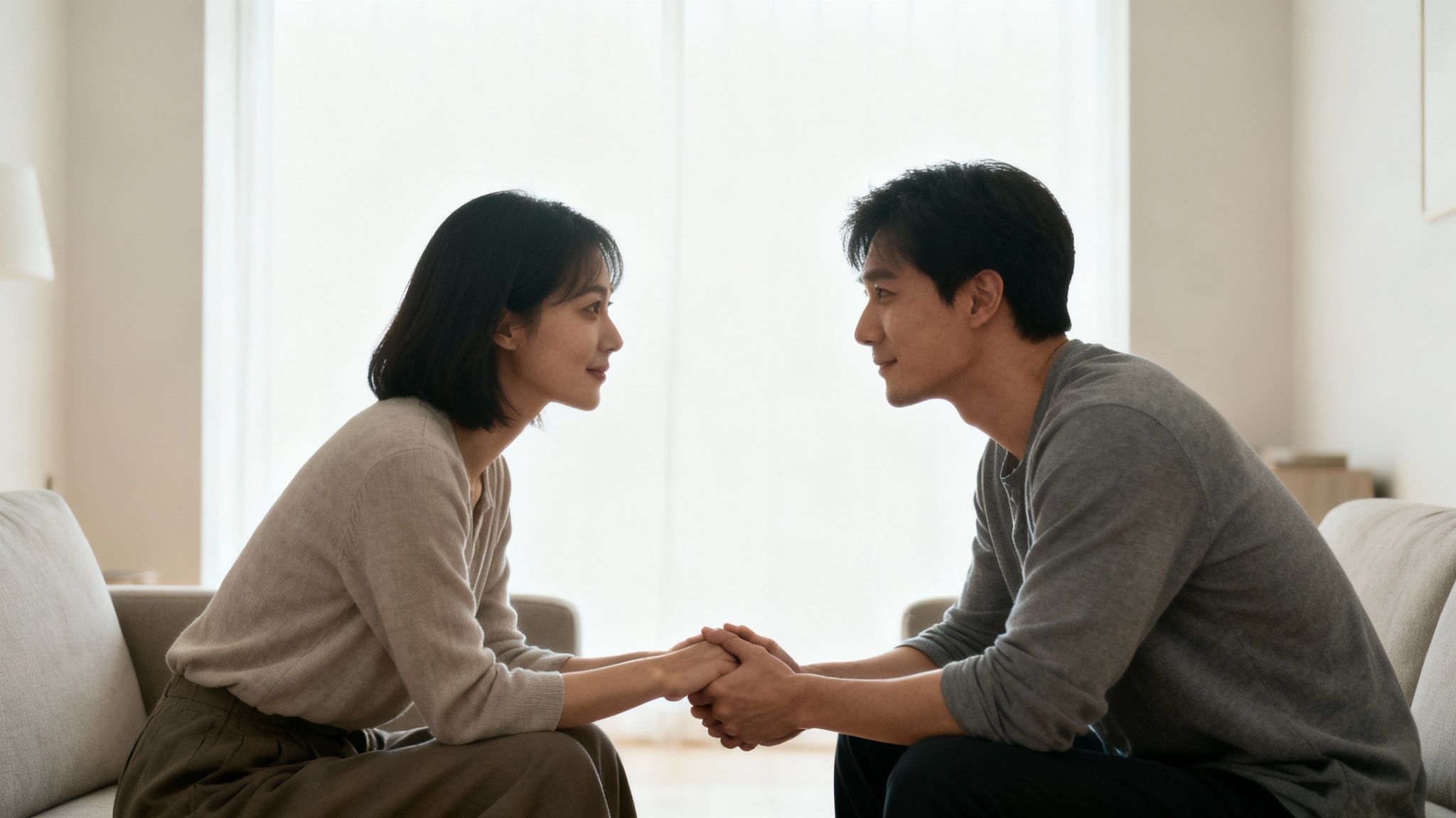 A loving couple sits on sofas, holding hands and looking at each other in a bright room.