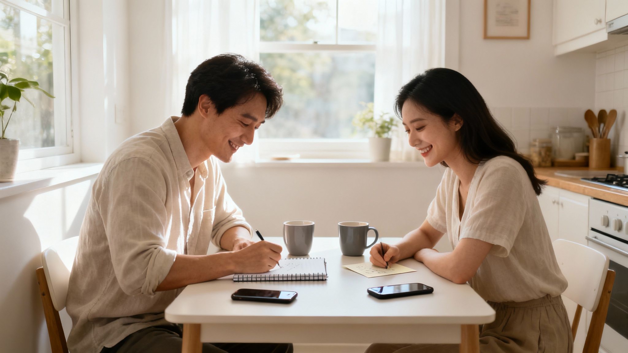 Smiling Asian couple writing notes at a table in a bright, modern kitchen, collaborating happily.