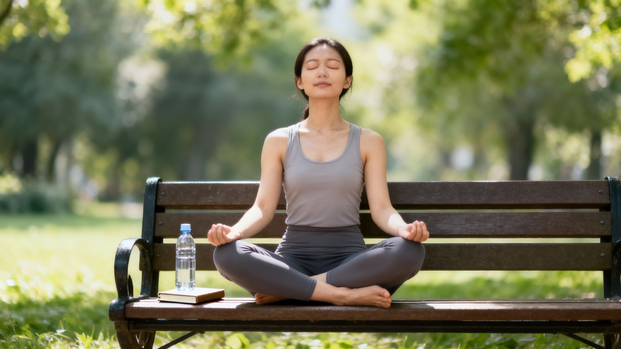 A person sitting in a calm, natural setting, practising a mindfulness exercise to manage stress or anxiety.