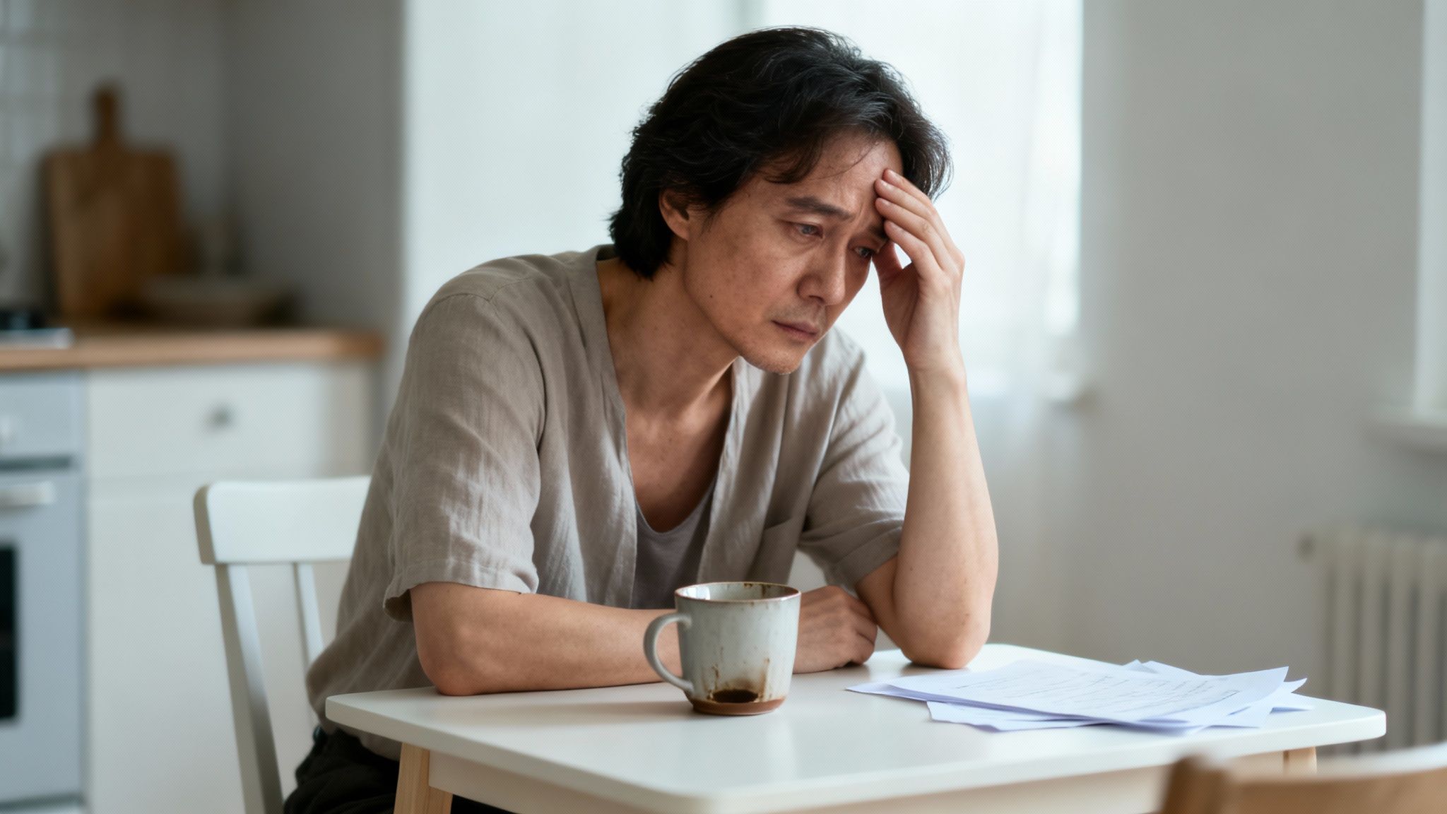 A stressed Asian man sits at a kitchen table, head in hand, contemplating documents.