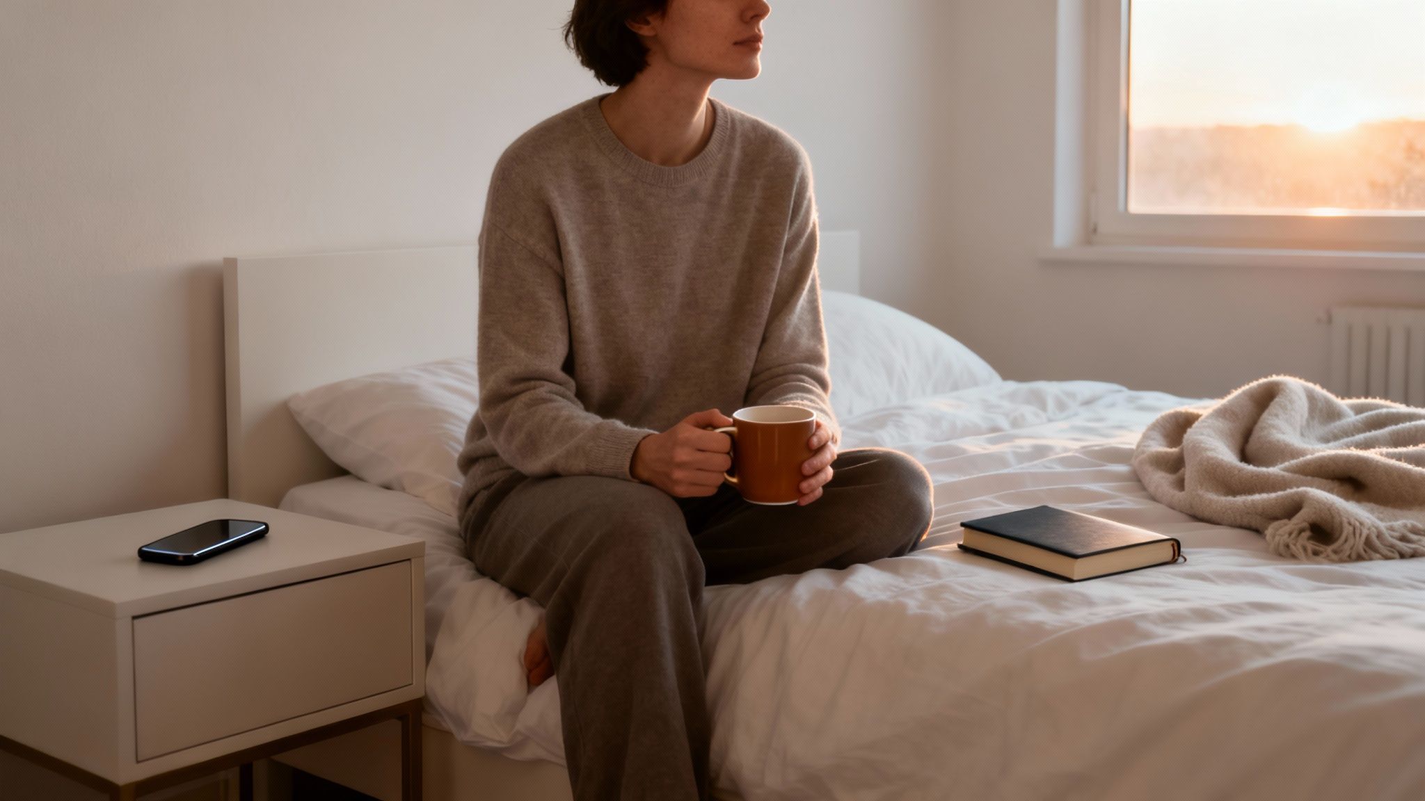 Young person sitting on a bed with coffee mug, looking out a window at sunrise.