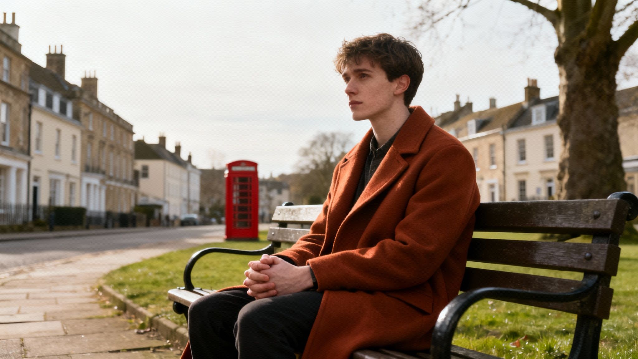 A young man with an orange coat sits pensive on a park bench, a red phone booth behind him.