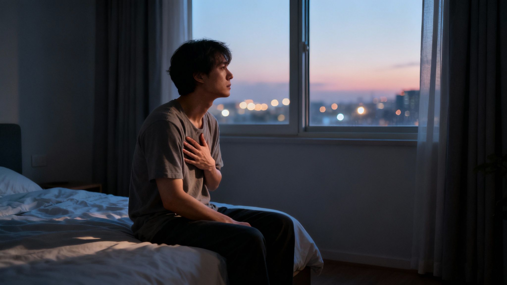 A person looking out a window on a rainy day, reflecting the sombreness of their internal feelings.