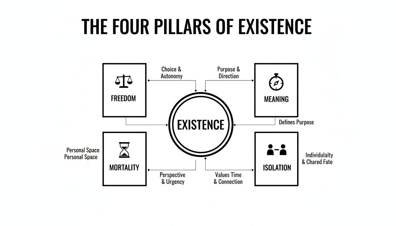 Diagram illustrating the four pillars of existence: Freedom, Meaning, Mortality, and Isolation, with their core components.