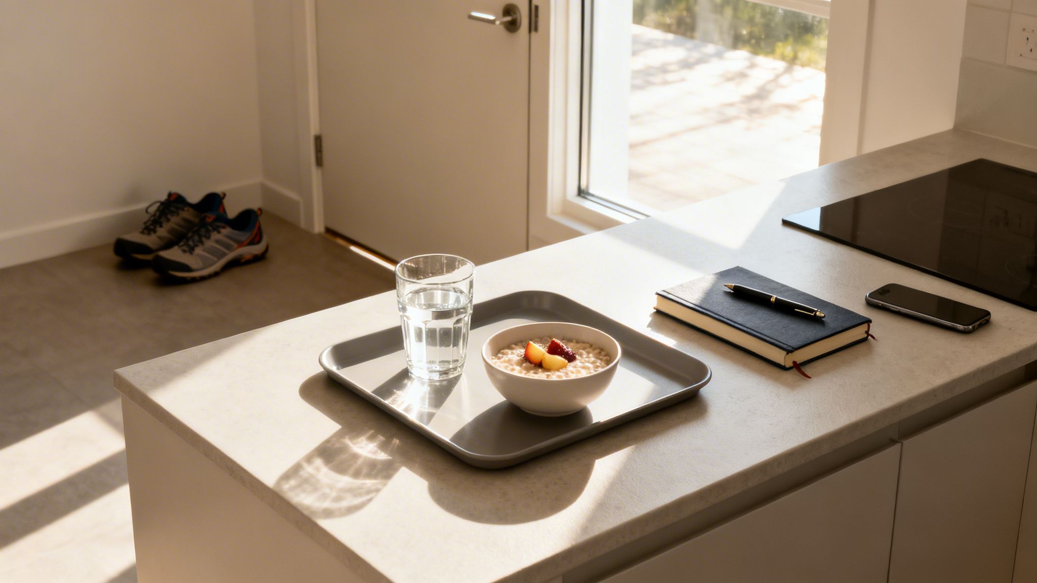 A healthy breakfast with oatmeal and water on a kitchen counter, next to a notebook and phone, bathed in morning light.