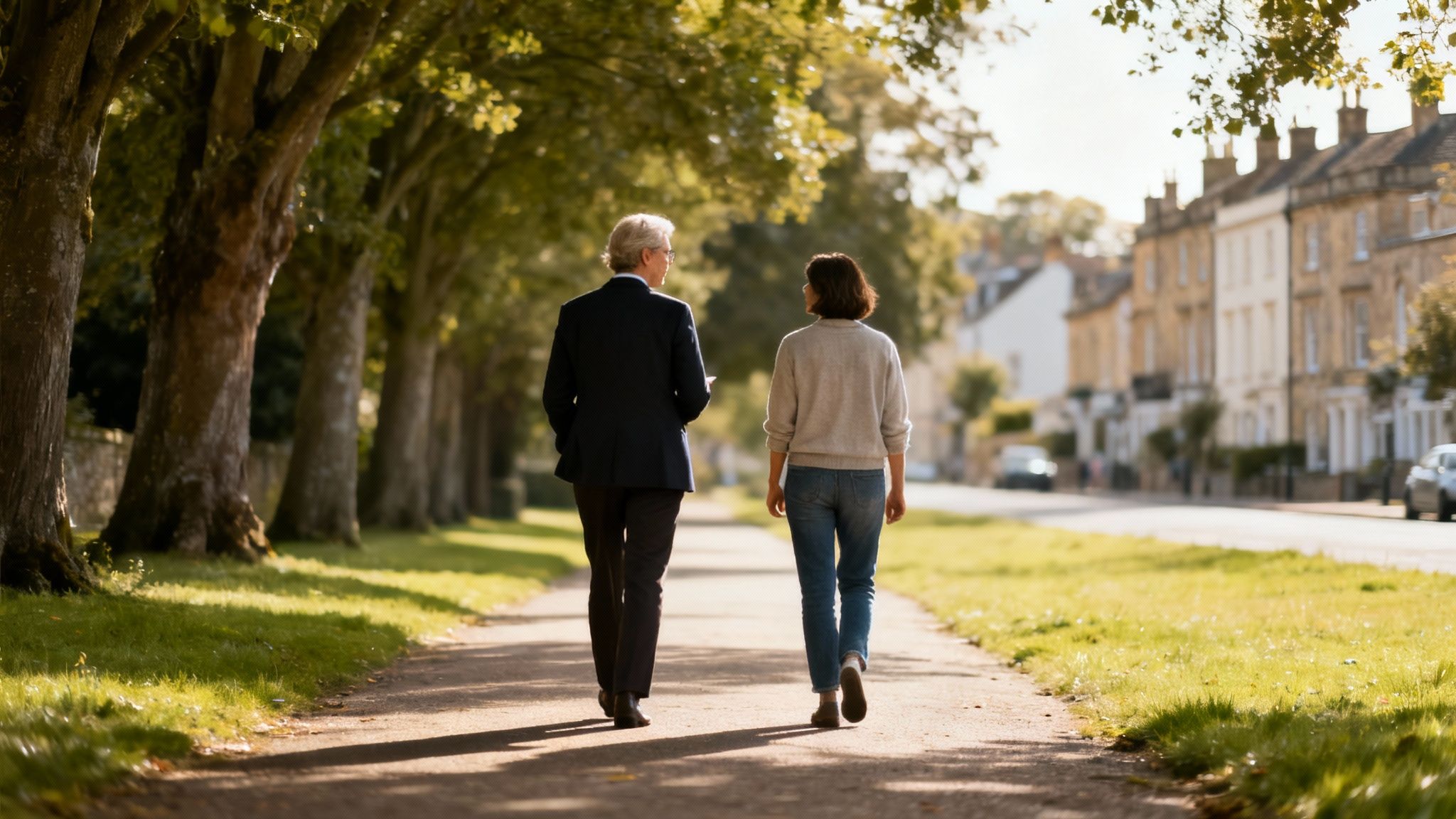 Two people walk away on a sunny, tree-lined path in a charming town.
