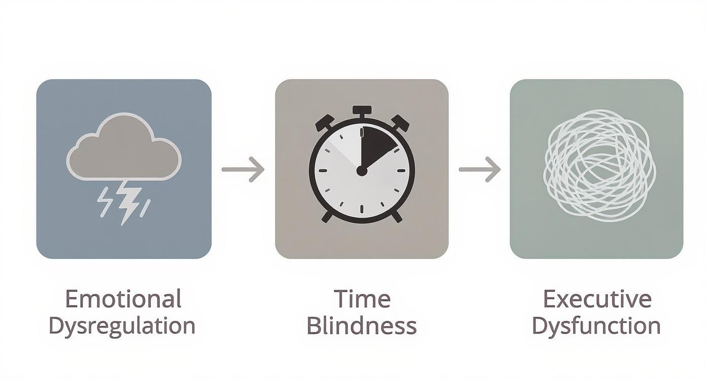 Infographic showing a 3-step horizontal flow of adult ADHD signs: Emotional Dysregulation (storm cloud icon), Time Blindness (melting clock icon), and Executive Dysfunction (tangled lines icon).