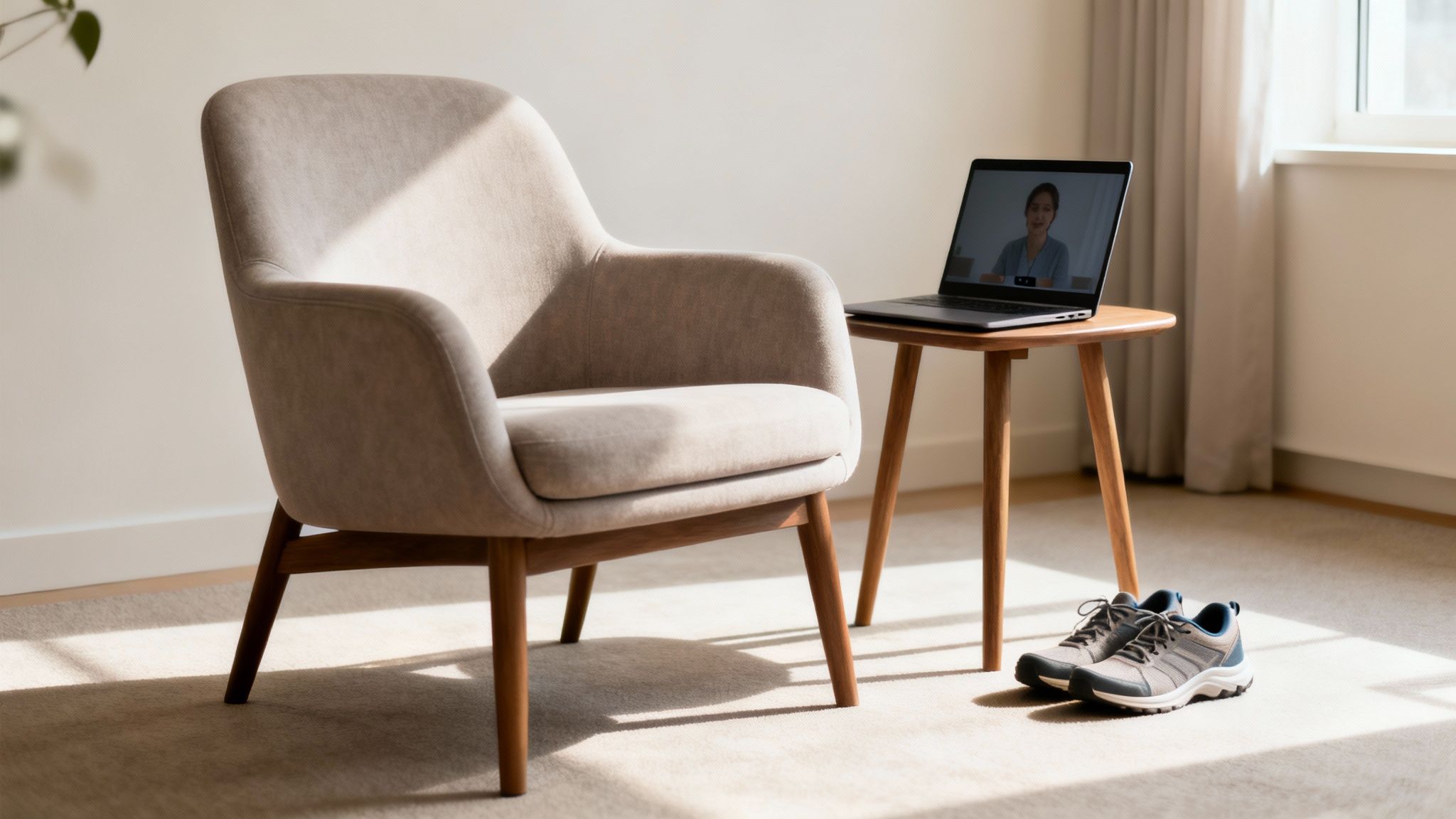 A cozy room with an armchair, a laptop showing a video call, and sneakers on the floor.