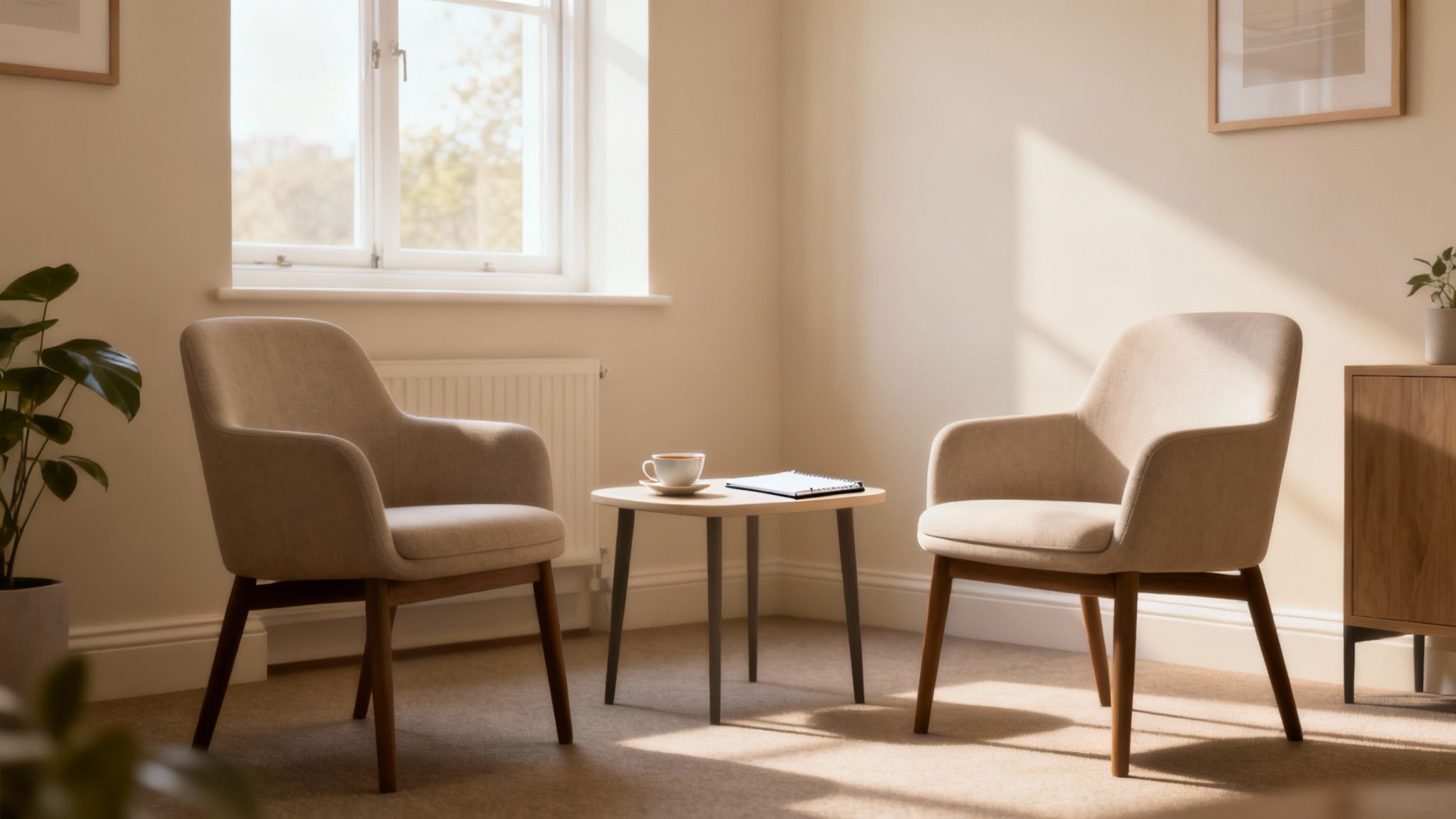 A therapist and client talking in a calm, supportive therapy room.