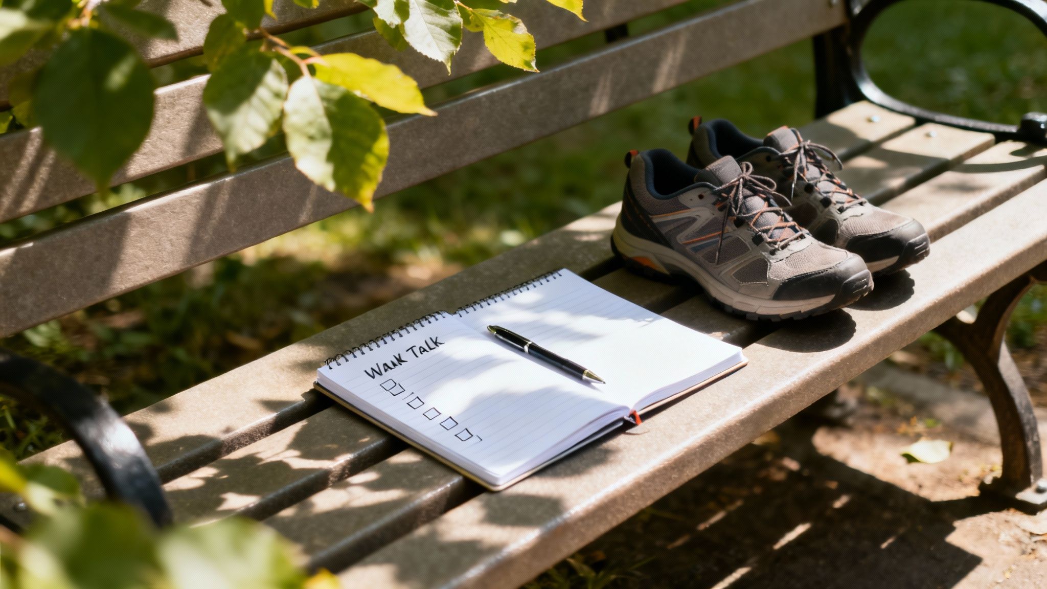 Walking shoes and a notebook with 'WALK TALK' written on a park bench in nature.