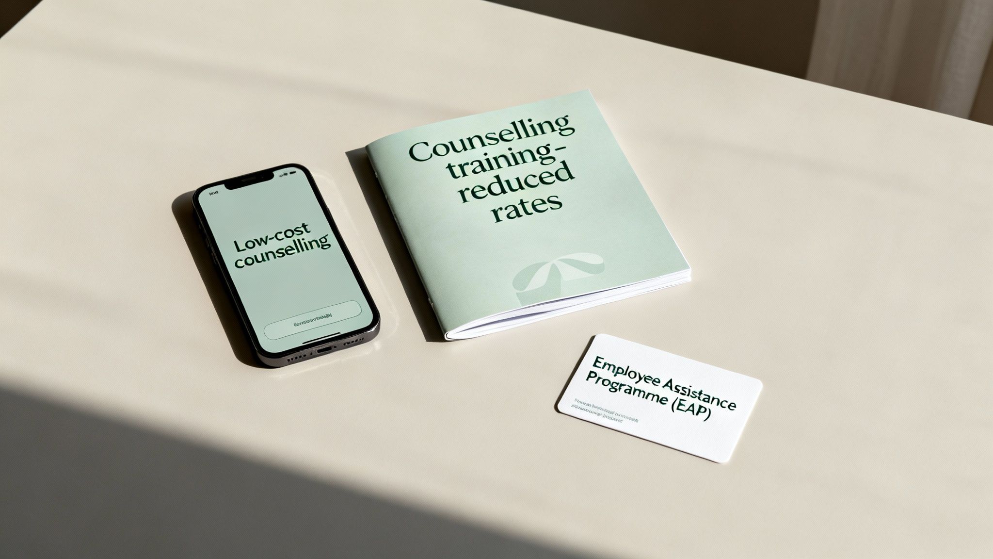 Smartphone, booklet, and card on a table, advertising low-cost counselling and EAP.