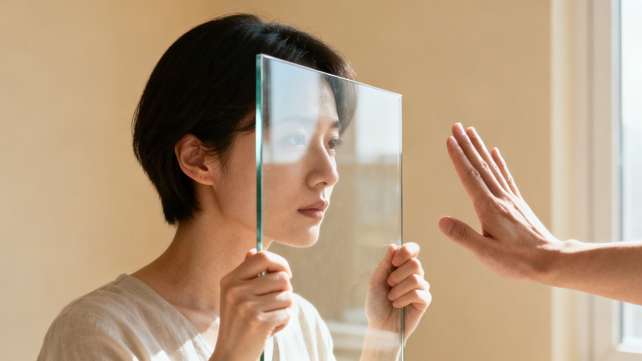 A person holds a clear glass panel, reflecting another hand reaching towards it, symbolizing emotional distance.