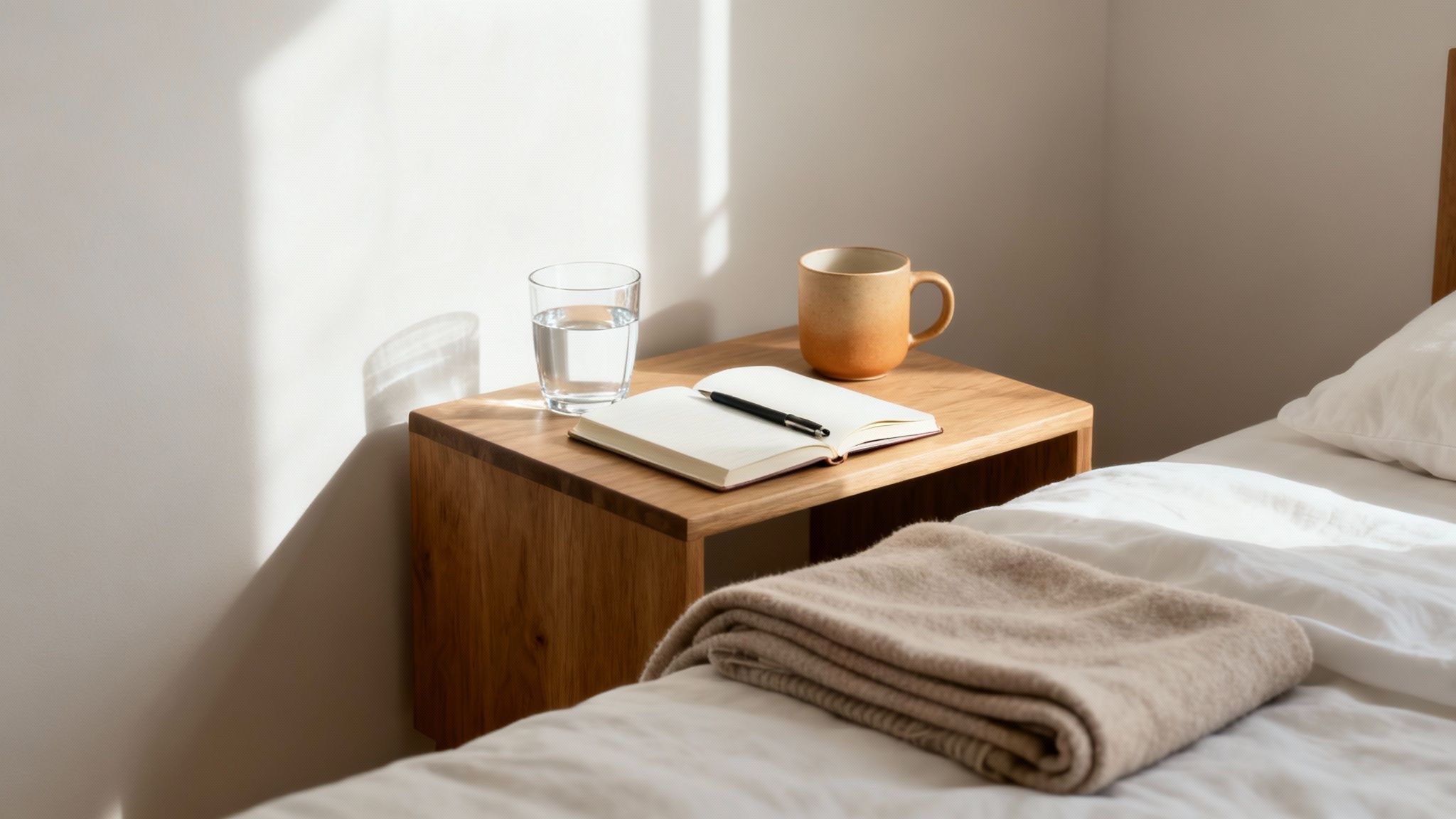 A cozy bedroom scene with a bedside table, water, coffee, notebook, and a bed with a blanket.