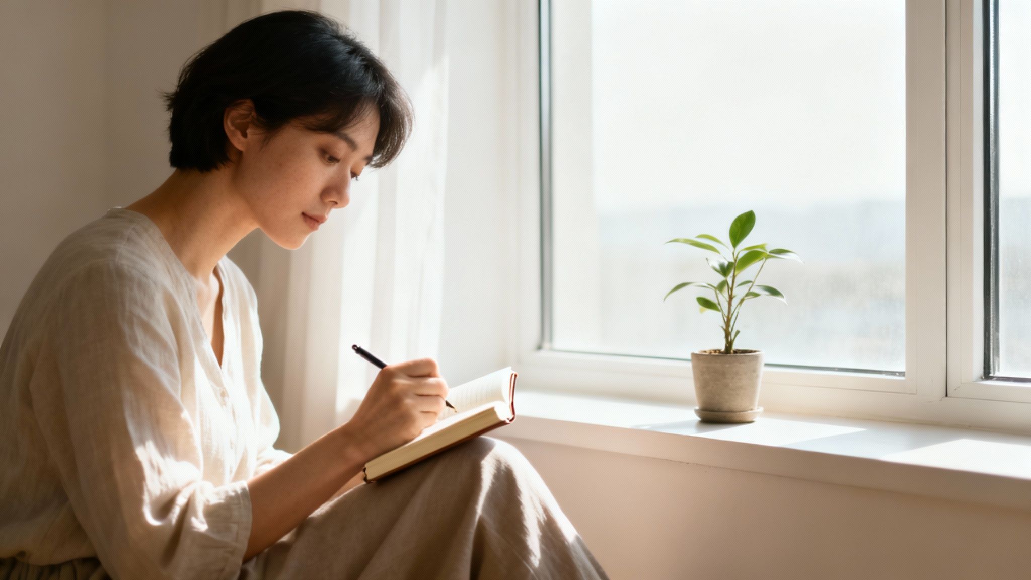 Woman journaling peacefully by window with plant, practicing mindful self-reflection and personal growth