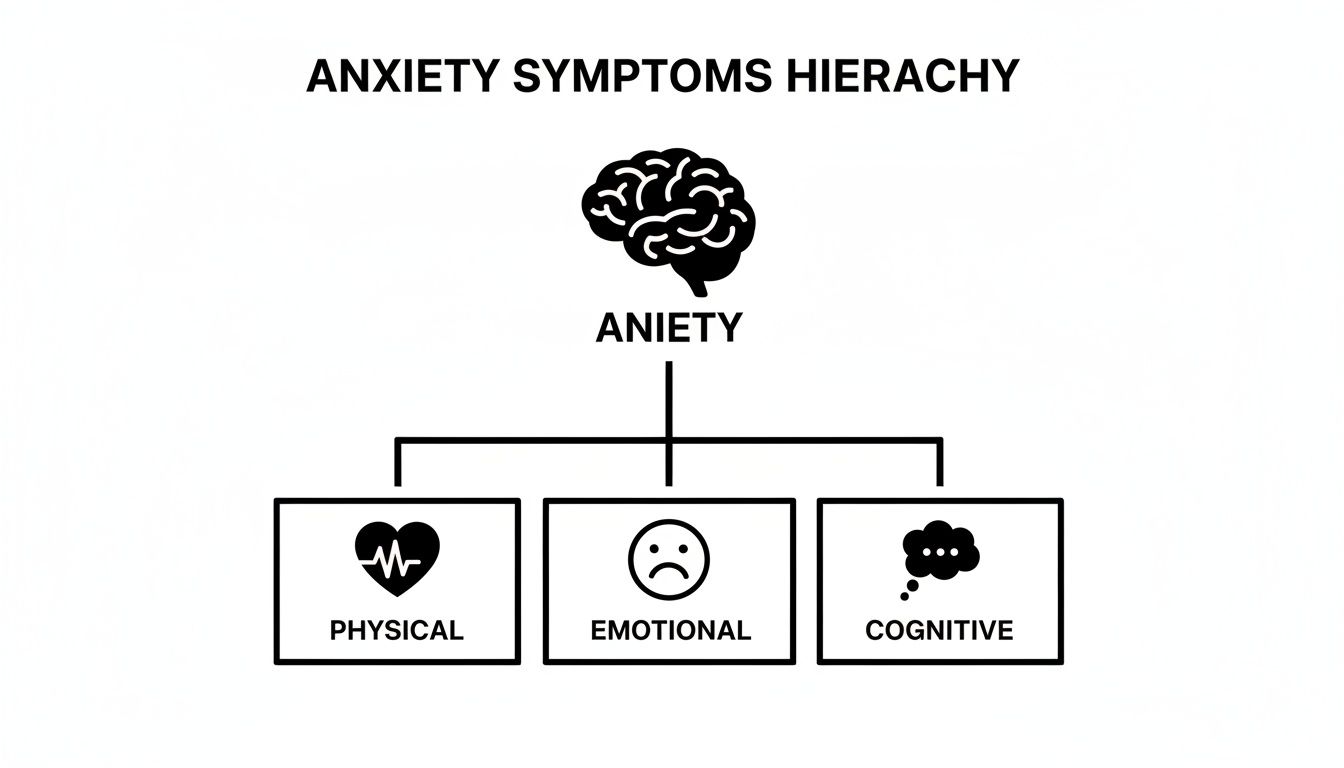 A hierarchy diagram illustrating anxiety symptoms categorized into physical, emotional, and cognitive aspects.