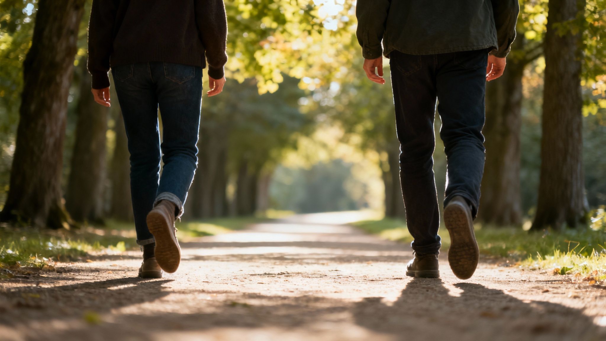 Two people walk away on a sun-dappled path lined with trees in a peaceful park.