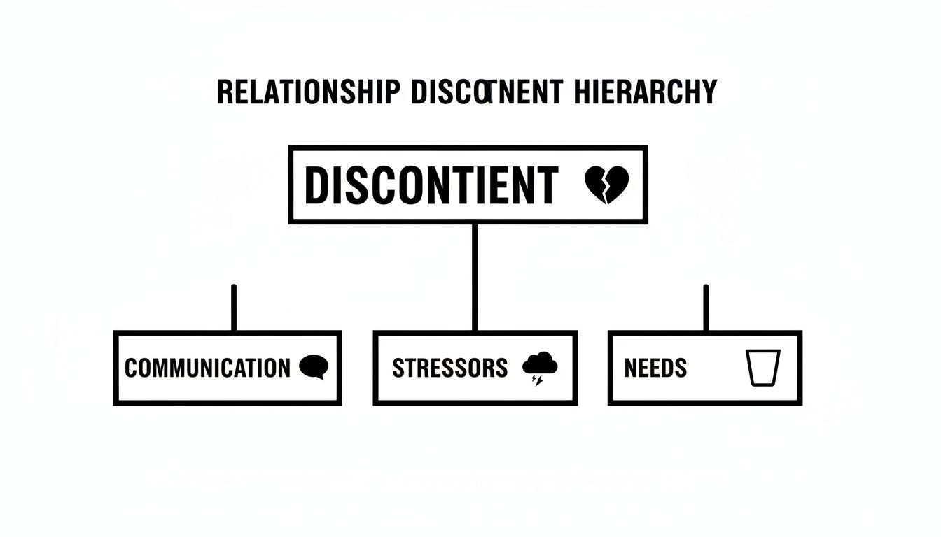Hierarchy diagram illustrating relationship discontent, detailing communication, stressors, and unmet needs as causes.