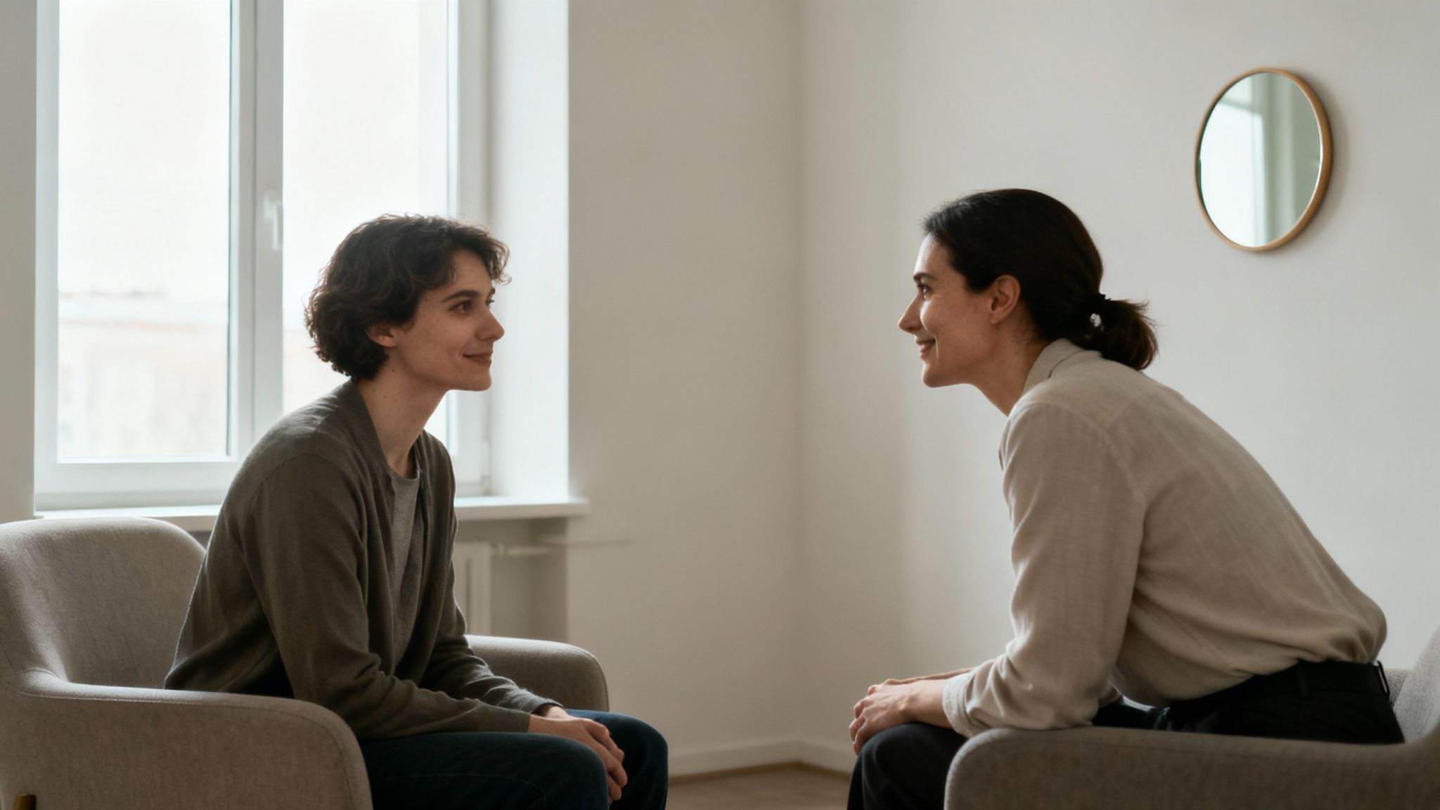 Two women sitting in chairs, facing each other and smiling in a bright room.