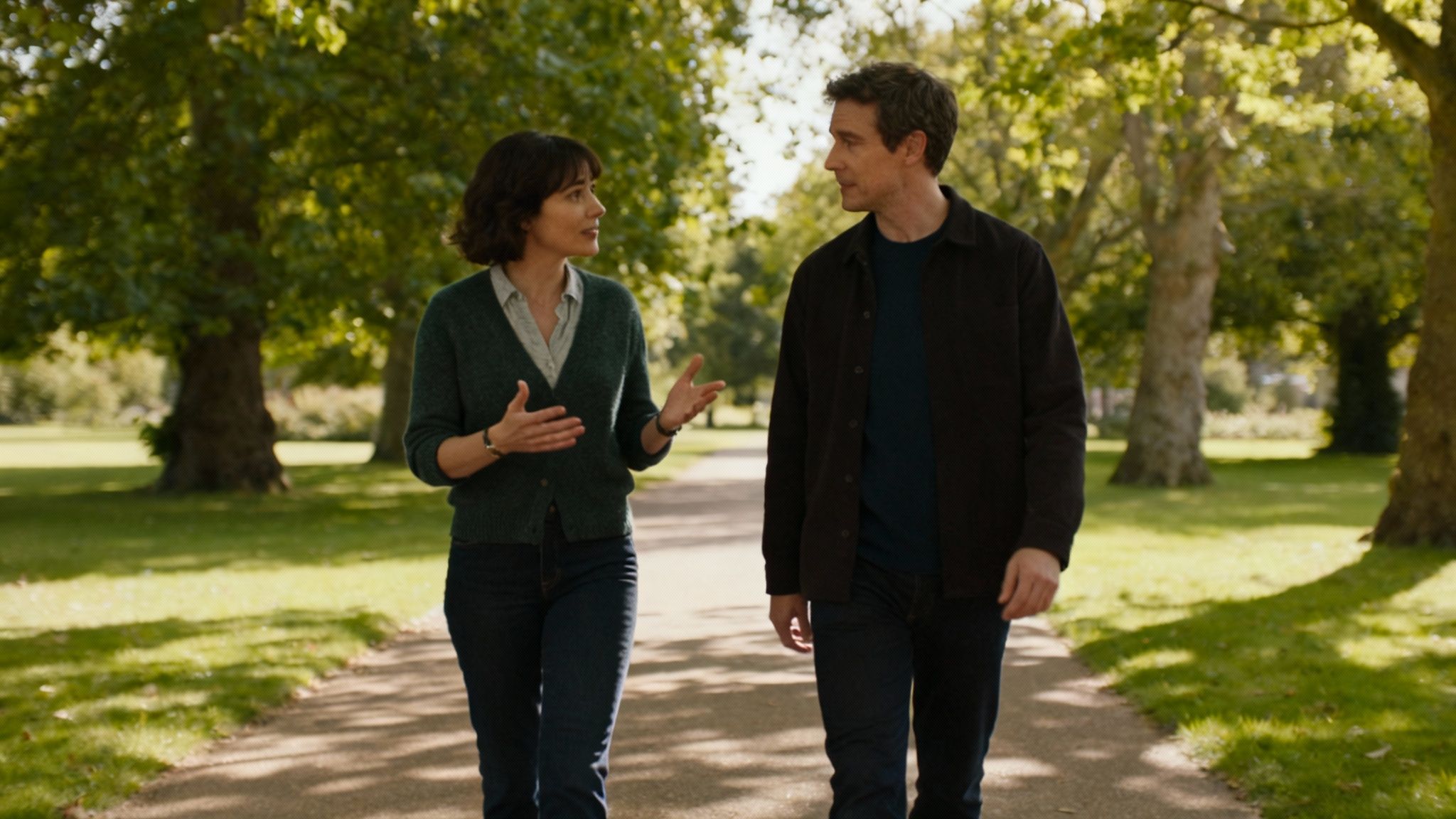 Two people engaging in conversation while walking on a shaded path in a green park.