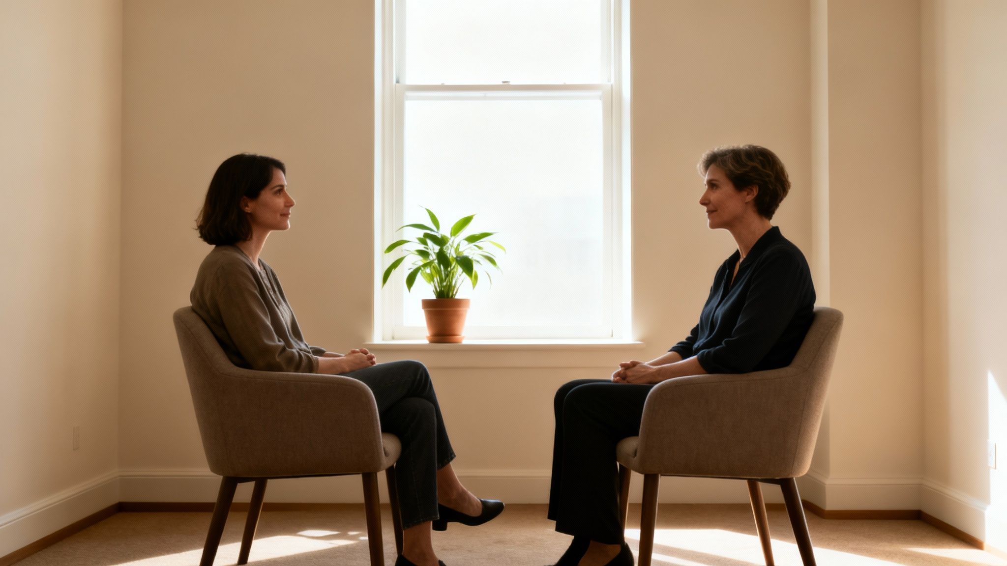 Two women sit in chairs facing each other, possibly during a therapy session.