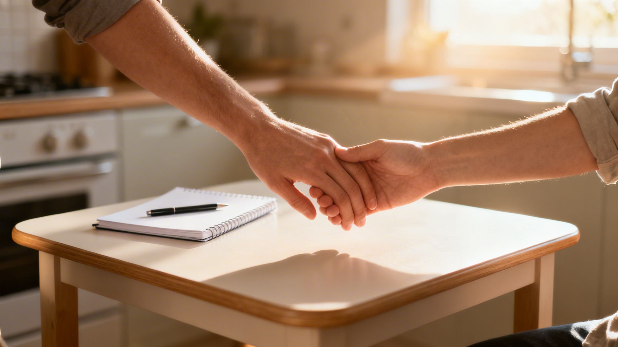 Close-up of two people's hands holding each other over a table in a sunlit kitchen.