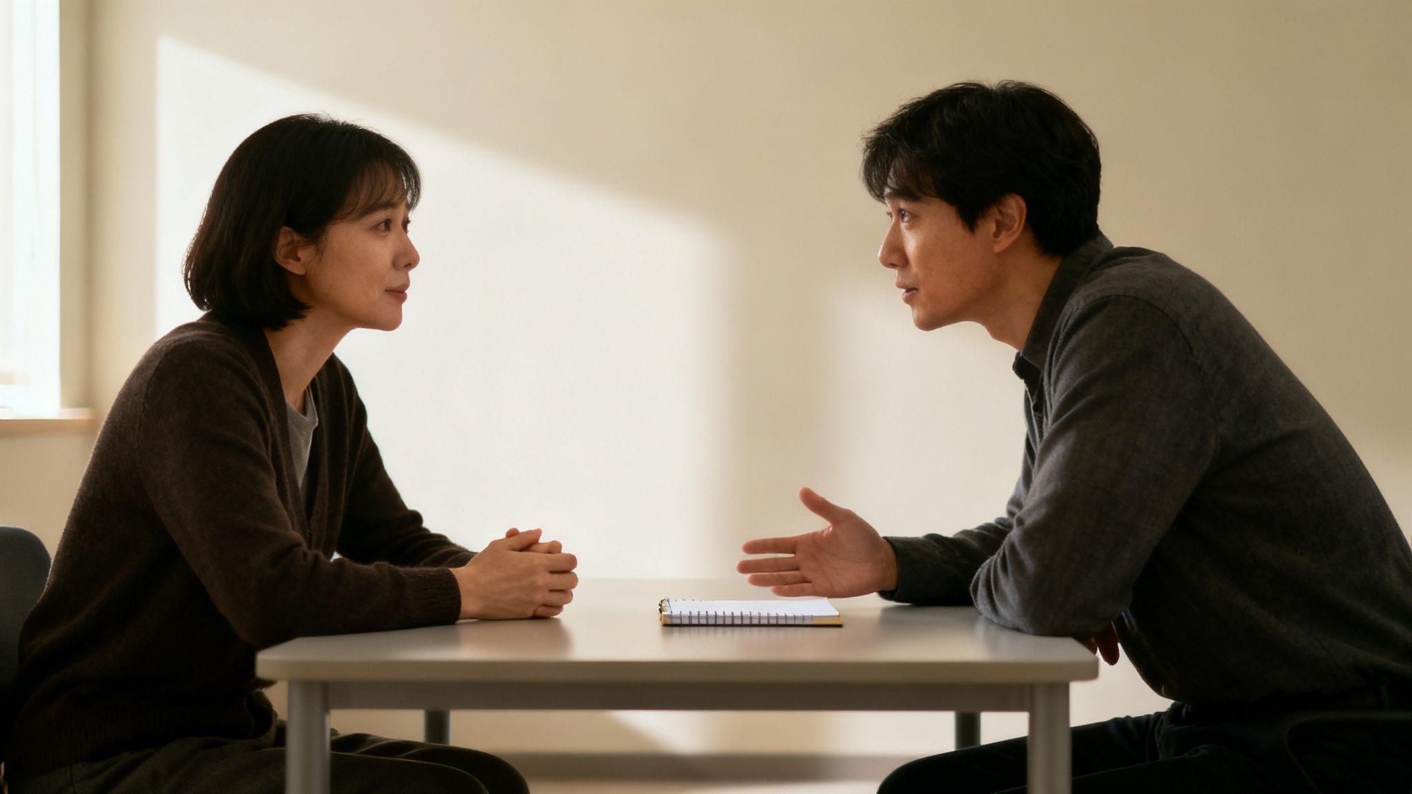 Two professionals engaged in serious face-to-face conversation at table with notebook
