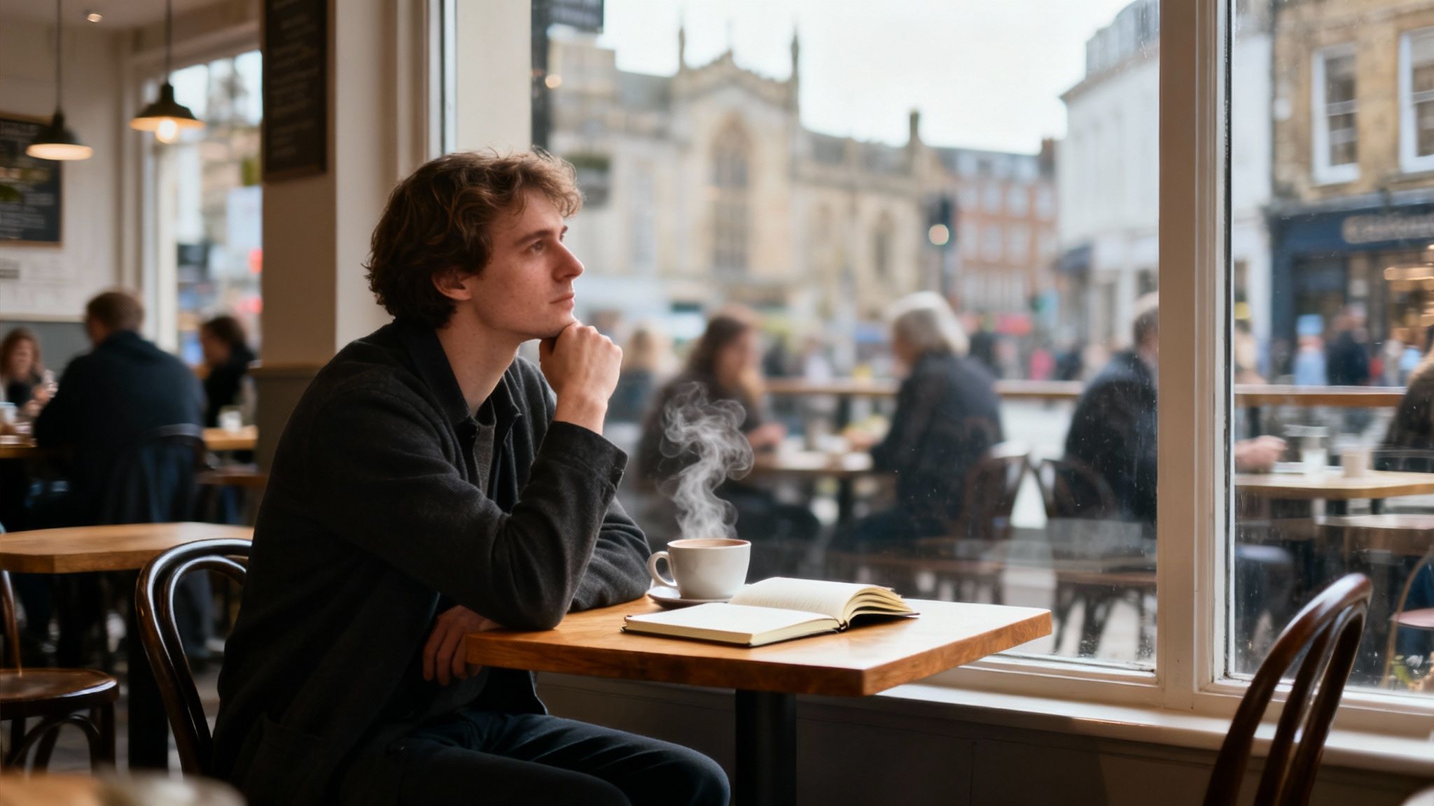 Thoughtful young man sitting in a cafe, looking out a window with coffee and a notebook.
