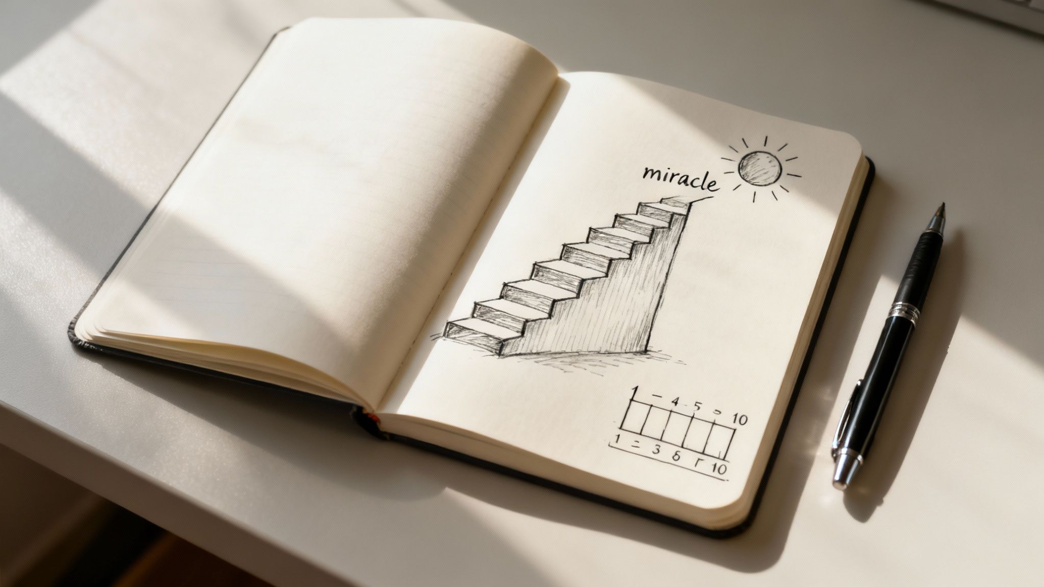 A hand-drawn sketch in an open notebook depicts stairs leading up to a 'miracle' sun.