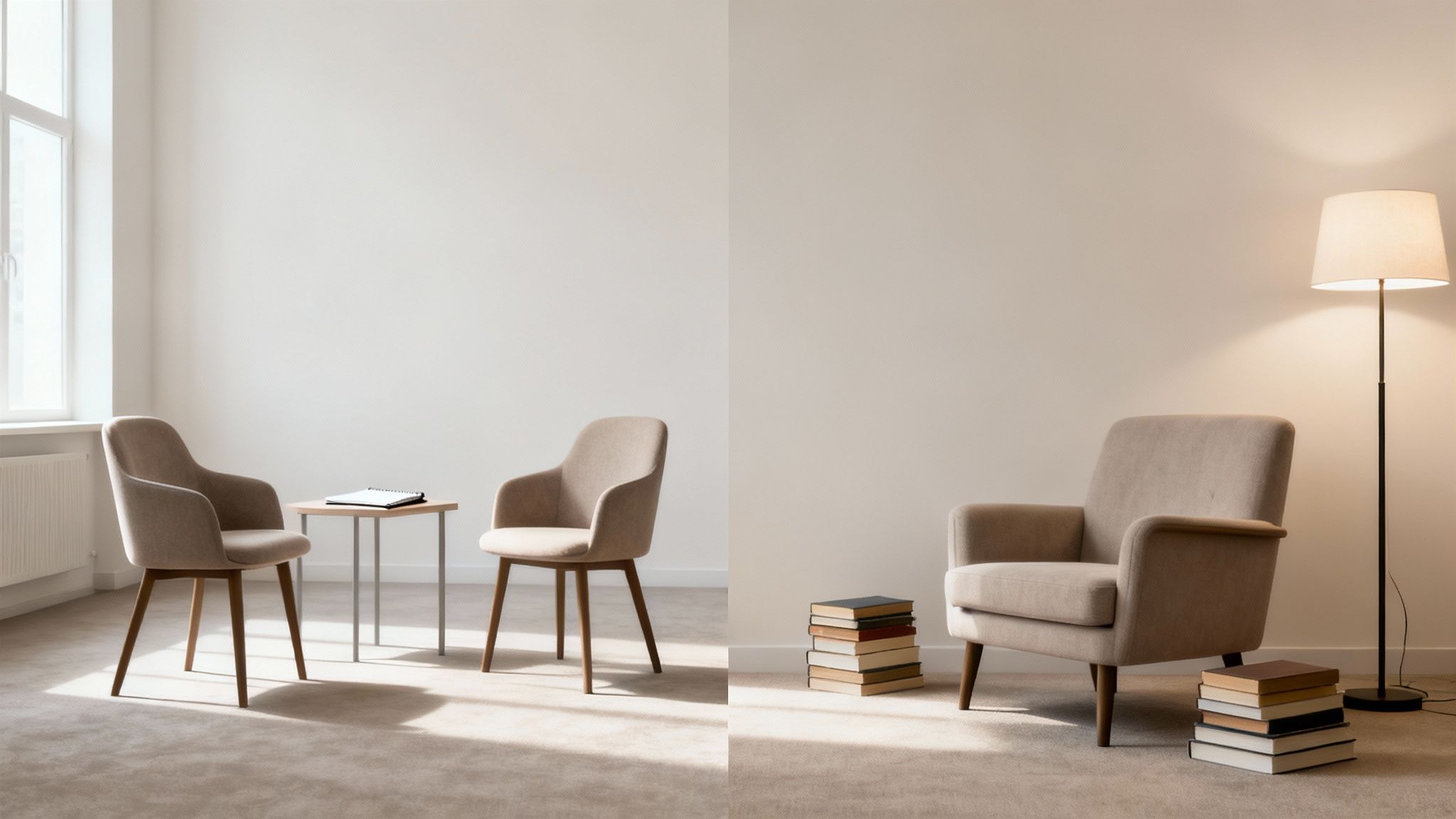 Two people sitting opposite each other in a therapeutic setting, symbolising a therapy session.