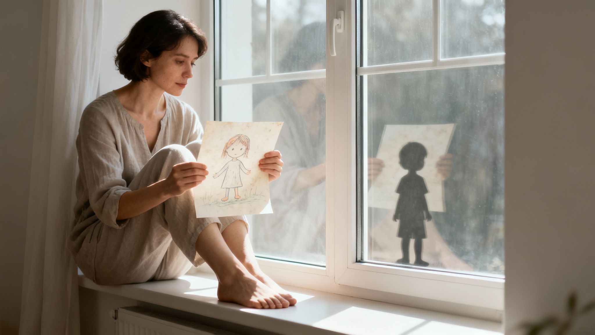 A pensive woman sits on a sunlit window sill, holding a child's drawing of a girl.
