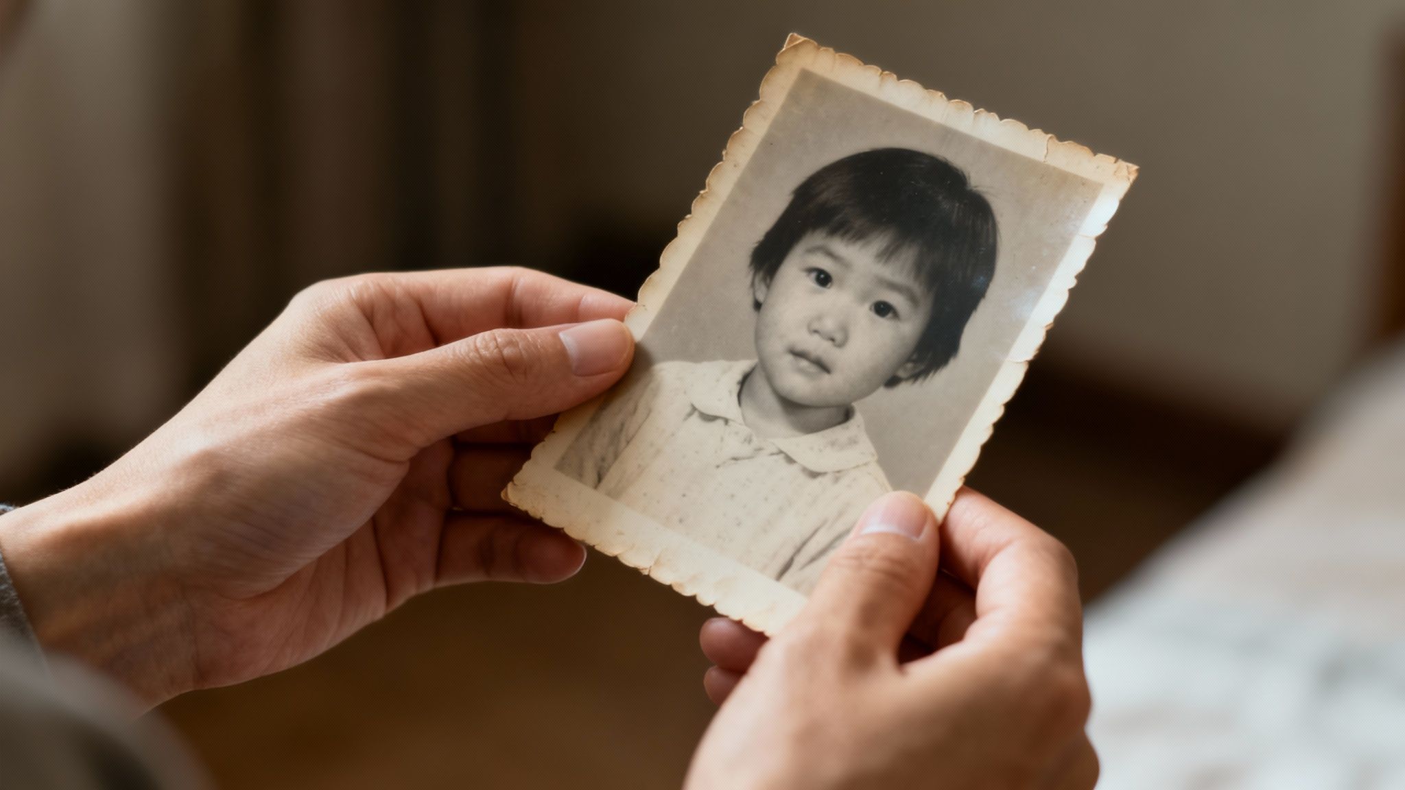 Adult hands holding vintage childhood photograph exploring memories from the past