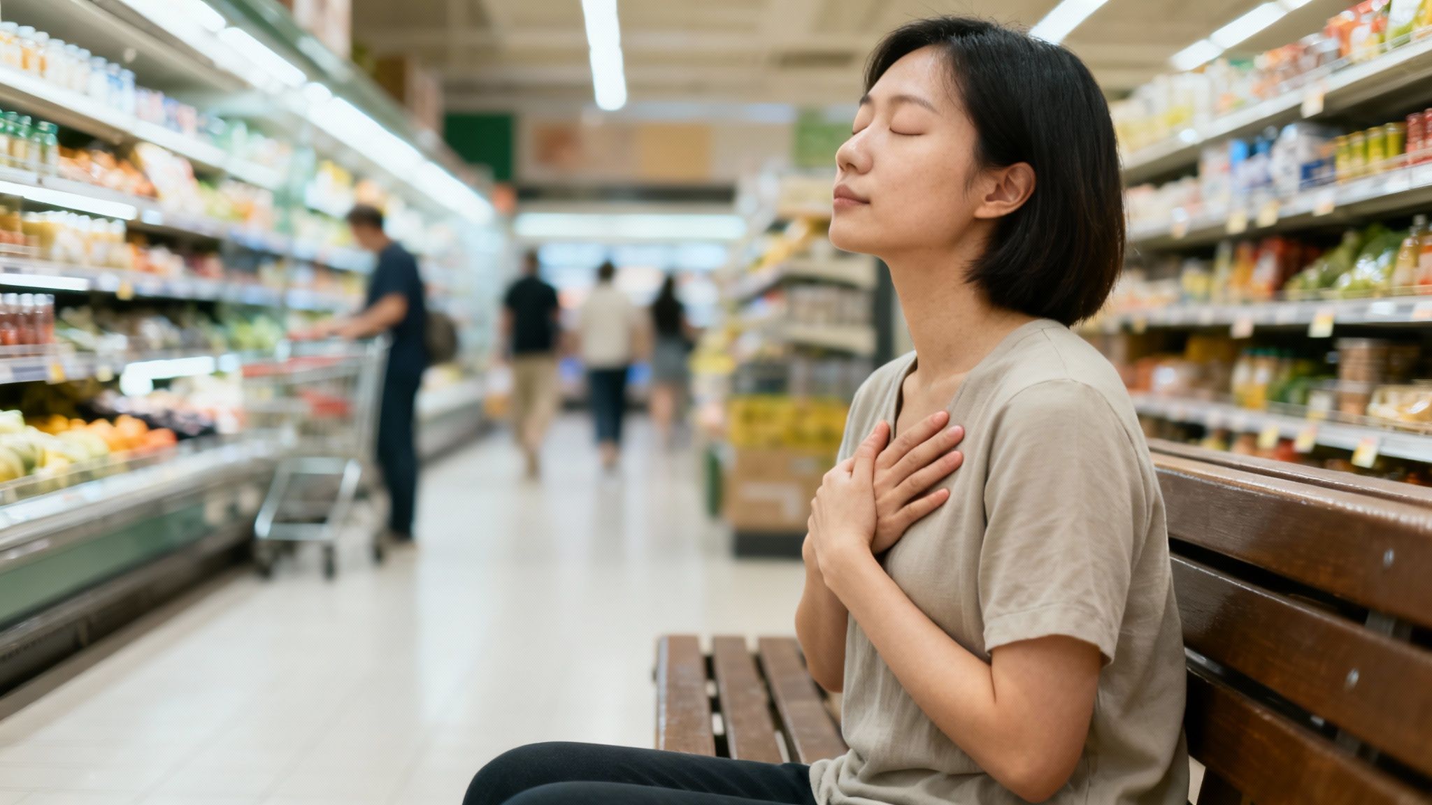 A woman sits with closed eyes and hands over her chest, meditating in a grocery store aisle.
